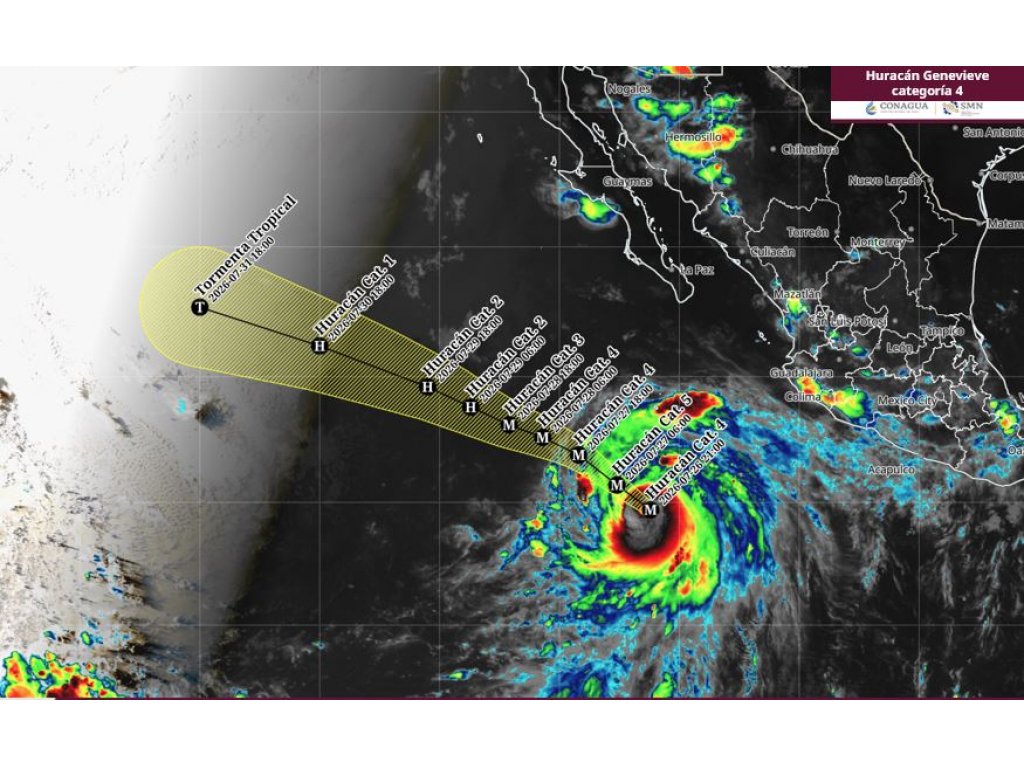 webcamsdemexico's tweet photo. El poderoso #Huracán #Genevieve categoría 4, se mantiene lejos de las costas de México. 🌀

⚠️ Los desprendimientos nubosos del sistema reforzarán la probabilidad de lluvias fuertes a muy fuertes en el occidente del territorio nacional.

⚠️ Se prevé que el huracán Genevieve se intensifique a #Categoría5 mientras se aleja de costas nacionales.

🔴 Debido a su distancia y trayectoria no se emiten recomendaciones.