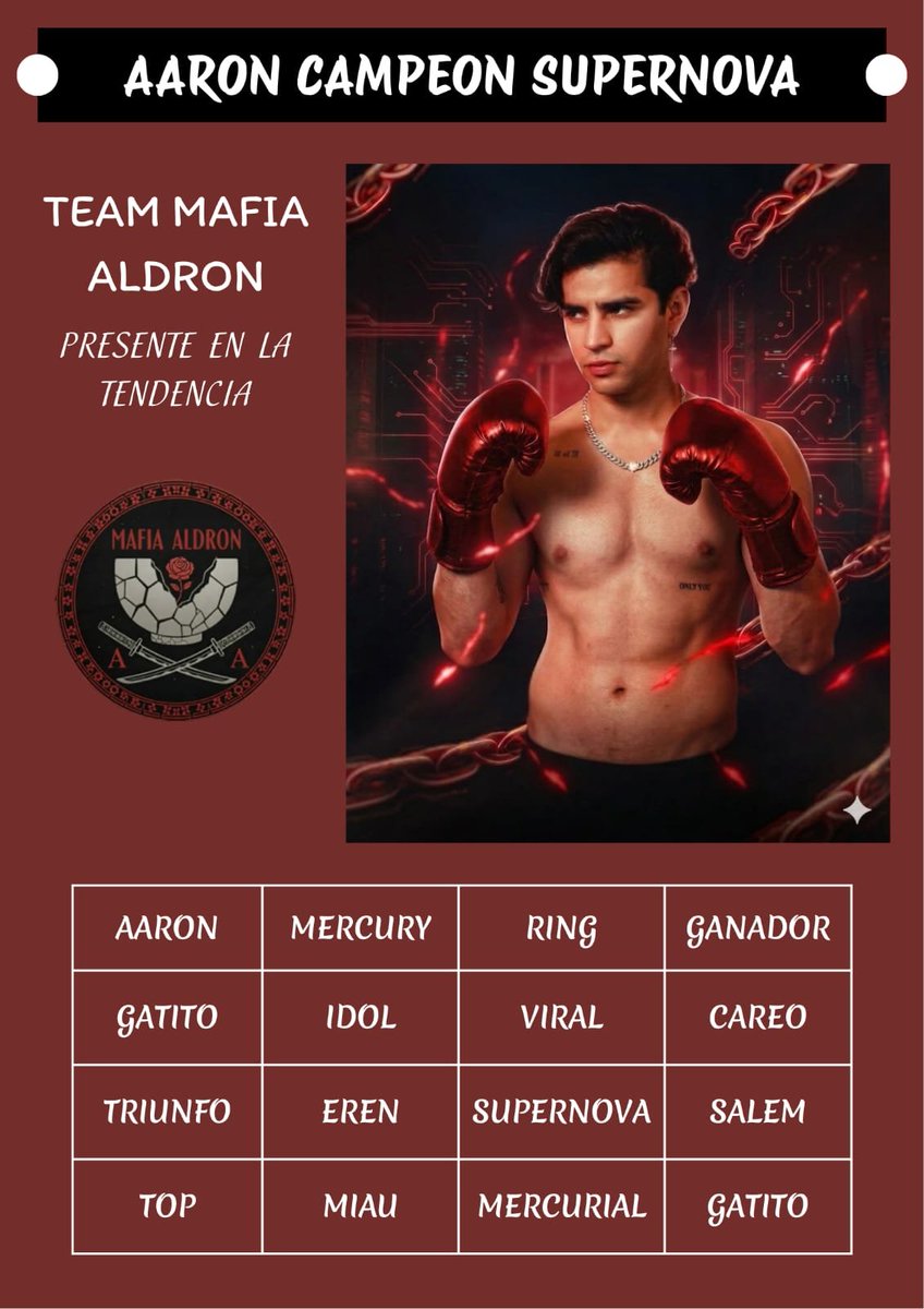mafia_aldron's tweet photo. 🚨 Tendencia 🚨

Recordando el triunfo de nuestro campeón de Supernova 🥊 🔥 

Toma cada palabra y agrégale la frase:

AARON CAMPEON SUPERNOVA https://t.co/Lo5OXTgmrj