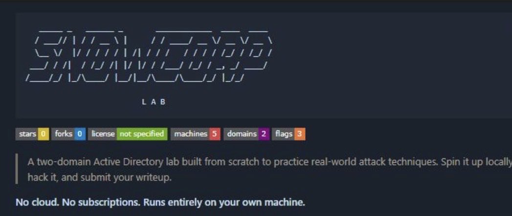 7h3h4ckv157's tweet photo. A two domain Active Directory lab built from scratch to practice real-world attack techniques. Spin it up locally, hack it, and submit your writeup.
No cloud. 

No subscriptions. Runs entirely on your own machine.

Source/Credit: https://t.co/cc17879oFc https://t.co/udse1Fj8JD