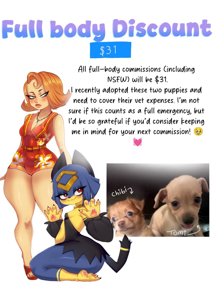 yawu_a's tweet photo. Puppy Discount Promo! 🐶

Hi everyone! I recently adopted two puppies and need some help covering their vet bills,
Because of this, all full-body commissions (NSFW) are currently on sale for $31!
Ordering a commission would be a huge help for both me and my pups
please: 🔄♥️ https://t.co/LBWSOnQukn