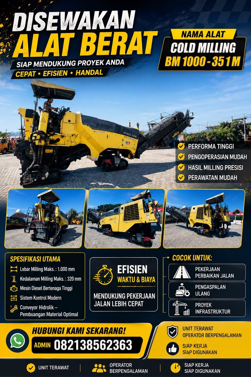 Bp2ProvJtg's tweet photo. For Rent.,Book now.

Bomag BM1000 adalah alat pengupas jalan (cold milling) dengan lebar kerja 1m dan kedalaman potong hingga 210mm.

#ngopeninglakoni 
#ahmadluthfi 
@dpuprjateng 
@humasjateng 
@dprdjatengprov https://t.co/MArHa1uO6s