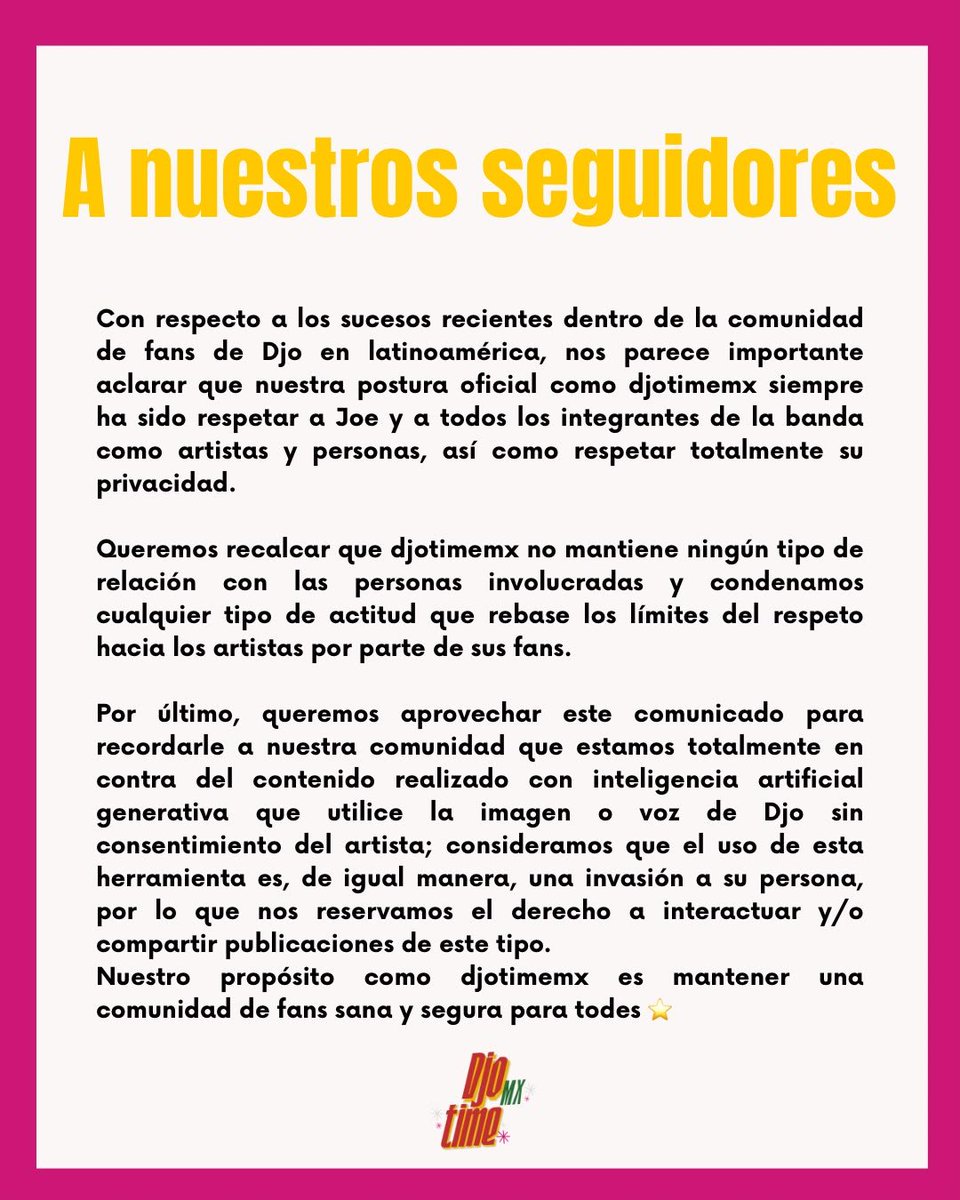 djotimemx's tweet photo. Como página de fans intentamos evitar involucrarnos en dramas o polémicas, pero hay casos en los que es importante levantar la voz. Agradecemos a todas las páginas y personas que nos hicieron llegar la situación, creemos que es importante que tengamos una relación sana 1/2 https://t.co/Gcb1h7JFJ0