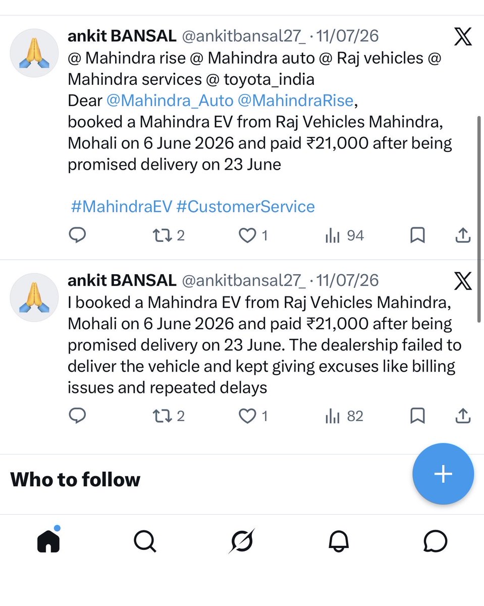 ankitbansal27_'s tweet photo. Dear @Mahindra_Auto, @Mahindra rise @PunjabAuto @Rajvehicles @anandmahindra  @toyota_india
@MahindraService @Mahindra_Auto @MahindraRi  @Mahindra_Auto, @18002096006 @jagograhakjago @CPGRAMS @Mahindra_Auto @MahindraRise it has been over many days since I raised this issue, and despite multiple complaints, there has been no resolution. My sales representative was Mr. Jatin, yet after the booking and repeated complaints, I never received any meaningful update or solution from him. After I posted this complaint on X, I received a call from Mr. Devinder Phogat, who assured me that my issue would be resolved and requested that I delete my tweet. Trusting that assurance, I waited. However, even after all this time, there has been no resolution, no follow-up, and no accountability. It appears that customer complaints are being acknowledged only to get them removed from social media, without actually resolving the issue. I expect Mahindra to provide an immediate and fair resolution, failing which I will pursue all remedies available under consumer protection laws. Is this the level of customer care Mahindra stands for?”Additionally, please look into the matter concerning Jatin and Devinder Fogaat.”
This issue has already been raised through multiple complaints and earlier posts on X, yet no effective action has been taken so far.9658600009