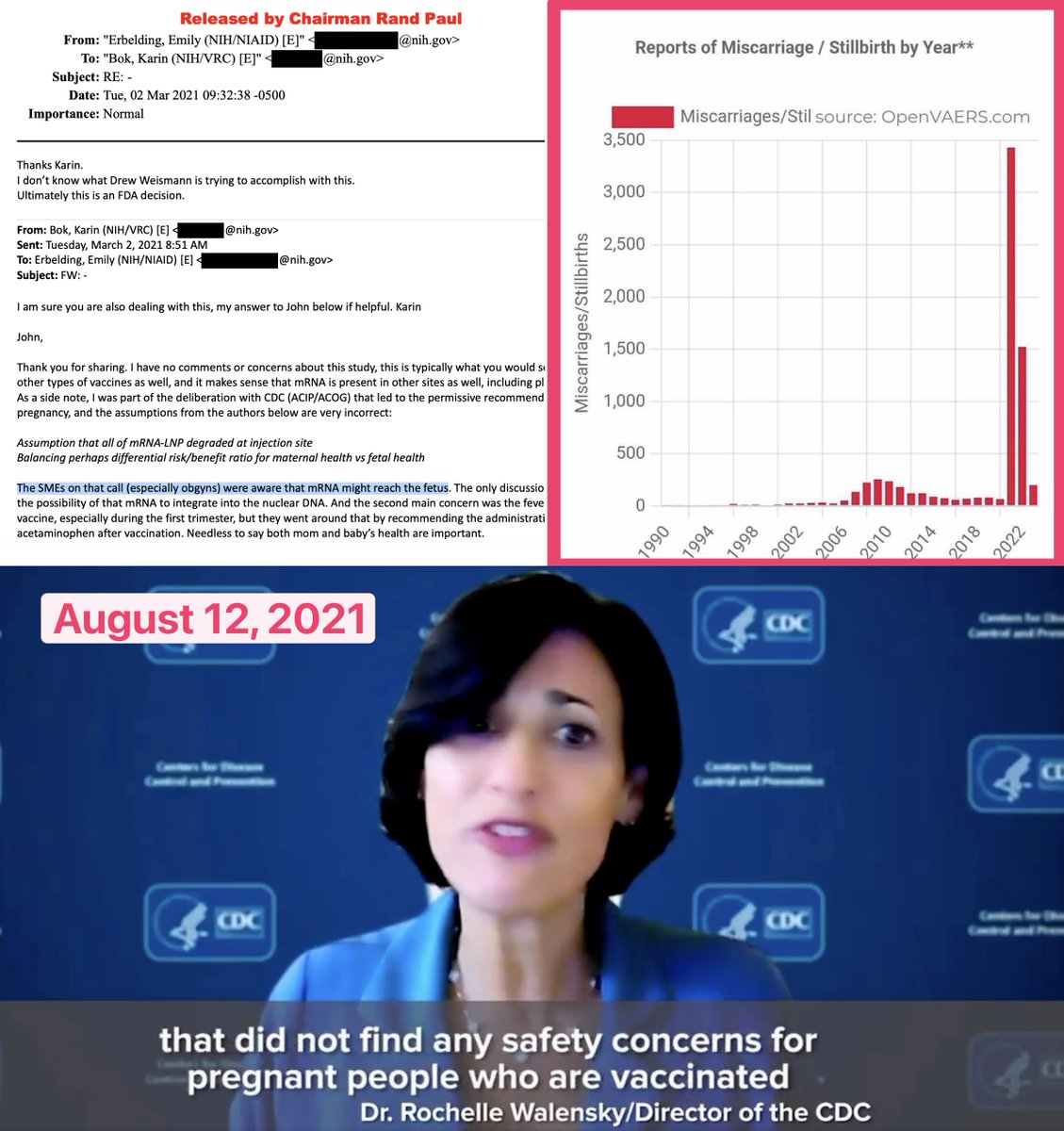 Humanspective's tweet photo. Senator Rand Paul’s email drop contains this email from the NIH on March 2, 2021 saying:

“The SMEs on that call (especially obgyns) were aware that mRNA might reach the fetus”

But former CDC dir. Rochelle Walensky said at the White House Covid briefing on August 12, 2021 that they:

“did not find any safety concerns for pregnant people who are vaccinated”.

VAERS was telling them anything but “safe and effective” and they were aware it would reach the fetus.

But they carried on with the show.