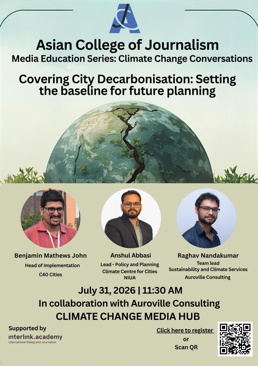 ACJIndia's tweet photo. Climate Change Media Hub presents an online media education session

"Covering City Decarbonisation: Setting the baseline for future planning”

Featuring Benjamin Mathews John, Anshul Abbasi and Raghav Nandakumar

July 31 | 11:30 AM

Register: https://t.co/zuB0rsqnmK https://t.co/B7LoNbnqrn