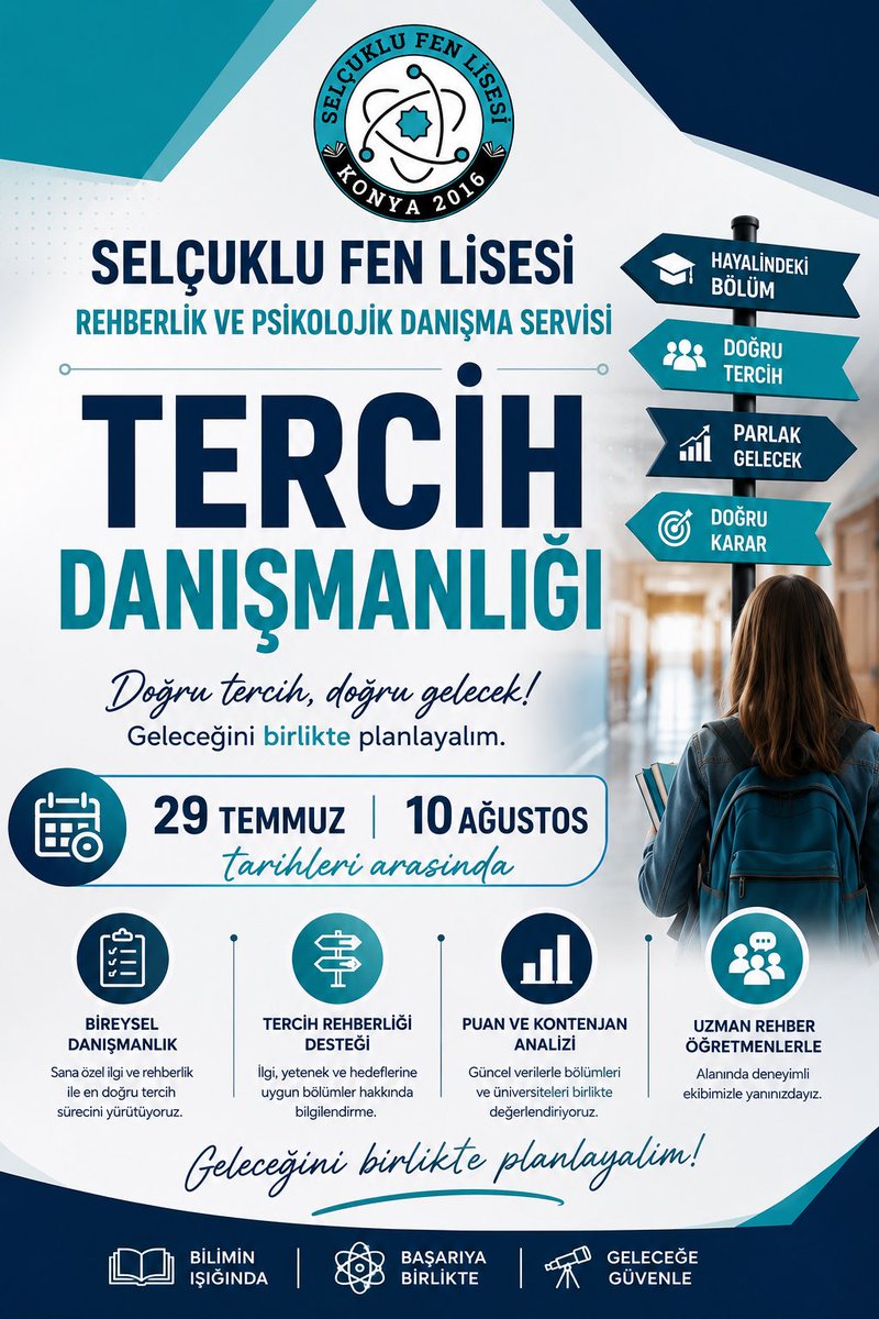 SelcukluFL's tweet photo. Selçuklu Fen Lisesi Rehberlik ve Psikolojik Danışma Servisi tarafından düzenlenen Tercih Danışmanlığı hizmeti, 29 Temmuz – 10 Ağustos tarihleri arasında sizlerle.

Doğru tercih için uzman rehber öğretmenlerimiz yanınızda. Geleceğini birlikte planlayalım. https://t.co/LZHyEgONKR
