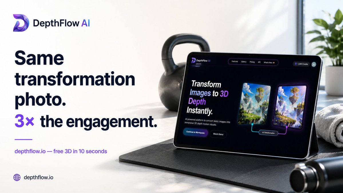 depthflow_ai's tweet photo. Fitness creators: your transformation posts are your best content.

But a flat side-by-side gets scrolled past in 1 second.

Add 3D parallax depth → suddenly people stop and stare.

https://t.co/4BPNKaBp1X — free, 10 seconds 💪🌊

#FitnessContent #DepthFlow #AITools https://t.co/noqGEEpgOZ