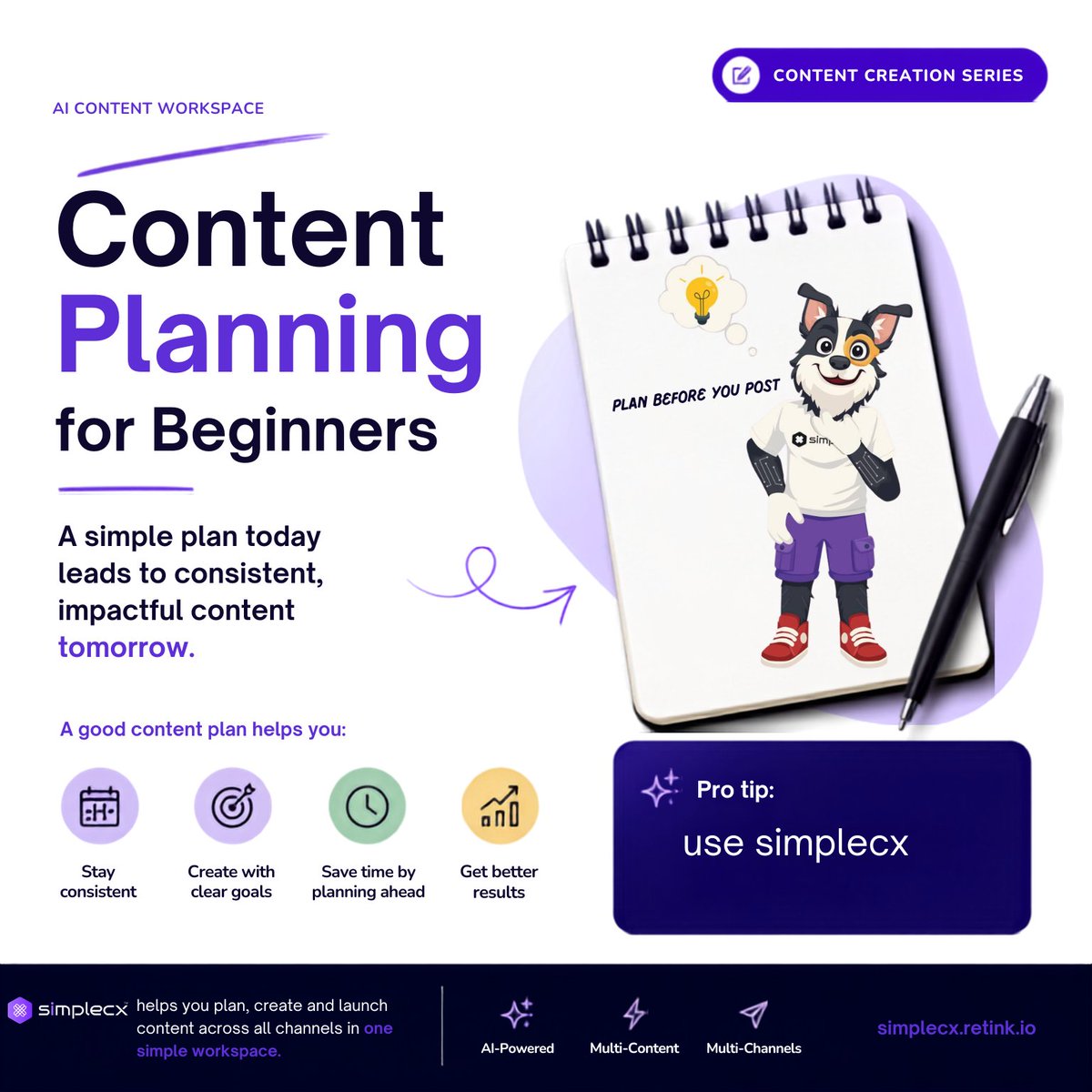 simplecx49's tweet photo. Most beginners think content creation starts with designing graphics or writing captions.

It doesn't.

It starts with planning.

A simple content plan helps you:
• Stay consistent
• Stop wondering what to post
• Create content with a clear goal
• Save time by planning ahead

Before creating your next post, ask yourself:
Who is this for?
What problem does it solve?
What action do I want the reader to take?

Content isn't about posting more.

It's about posting with purpose.
A good plan today is better than ten random posts tomorrow.
#ContentMarketing #ContentCreation #MarketingTips