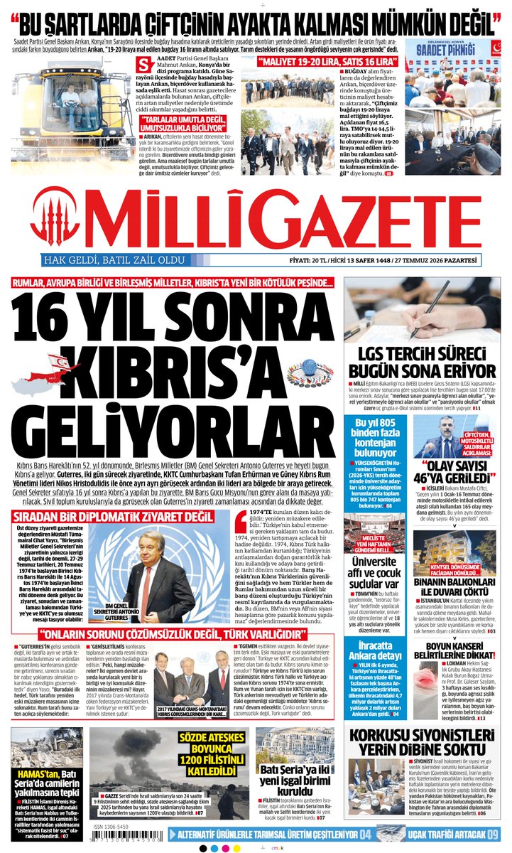 milligazetecom's tweet photo. 📰Milli Gazete'nin bugünkü birinci sayfası:

📌RUMLAR, AVRUPA BİRLİĞİ VE BİRLEŞMİŞ MİLLETLER, KIBRIS'TA YENİ KÖTÜLÜK PEŞİNDE...

16 yıl sonra Kıbrıs'a geliyorlar https://t.co/wmV07MGWfM
