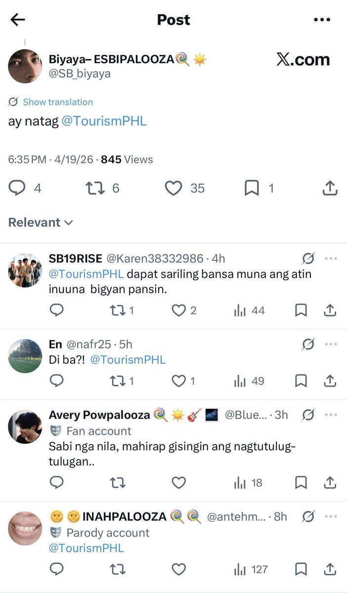 binicrave's tweet photo. These are your own fandom's posts when the DOT revealed they were eyeing BINI as ambassadors. It was all "dapat sariling bansa muna ang inuuna" tagging the DOT, and insisting local tourism should come first. Now you're acting like domestic tourism is a downgrade? At least be consistent with your own narrative.