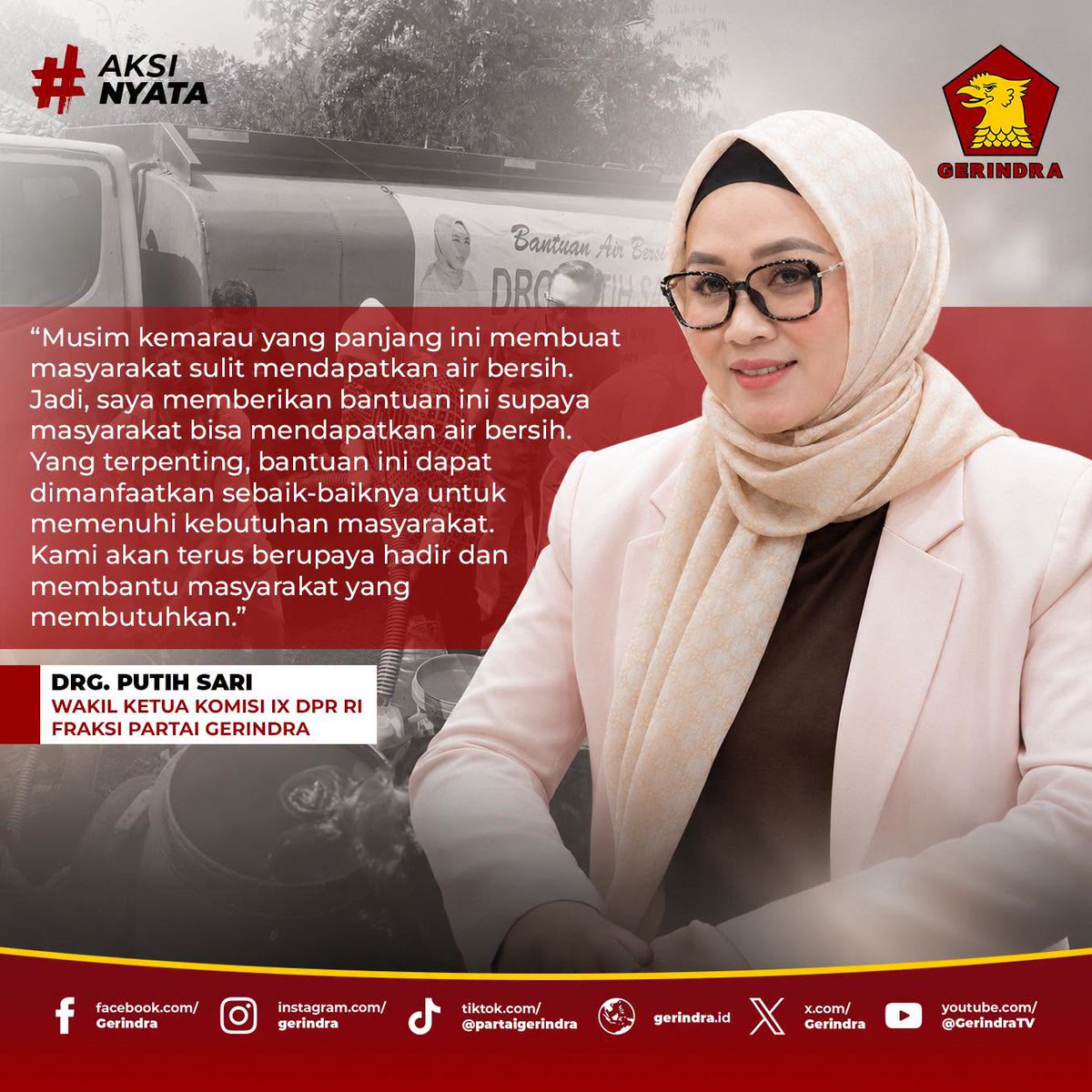 Gerindra's tweet photo. Di tengah musim kemarau yang berdampak pada berkurangnya pasokan air, Wakil Ketua Komisi IX DPR RI dari Partai Gerindra, drg. Putih Sari, menyalurkan bantuan 24.000 liter air bersih bagi warga terdampak di Kabupaten Bekasi. https://t.co/LaMWi90yQ4