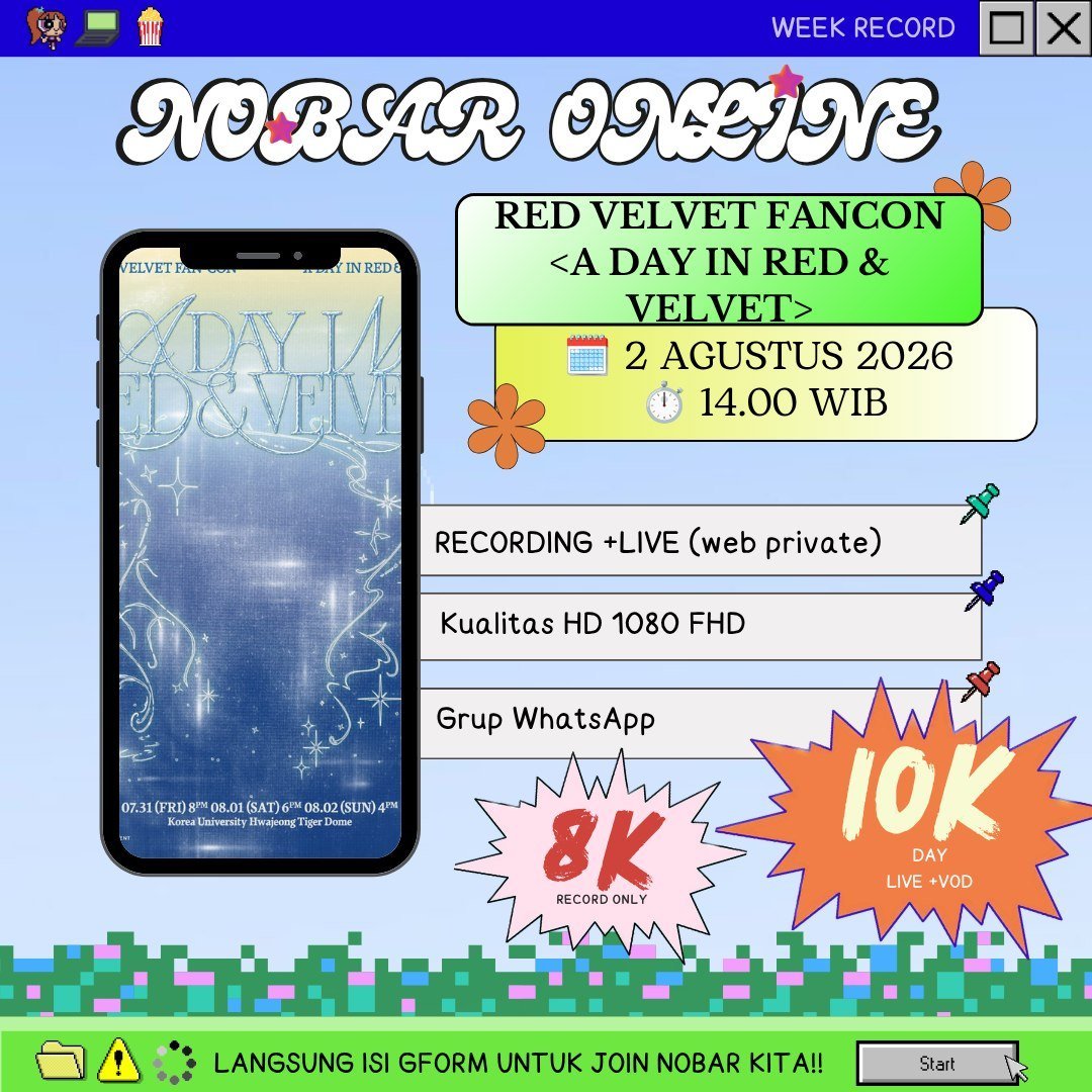 backup_week's tweet photo. OPEN SHARING NOBAR ONLINE RED VELVET FANCON <A DAY IN RED &amp; VELVET>

💰10K (LIVE + RECORD) 
💰8K (RECORD ONLY)

✅ LIVE + RECORD  
✅ FHD 1080p
📌 order link di bio ✨️

link nonton live streaming konser fan concert irene seulgi wendy joy yeri reveluv https://t.co/xh6ZwSbteS