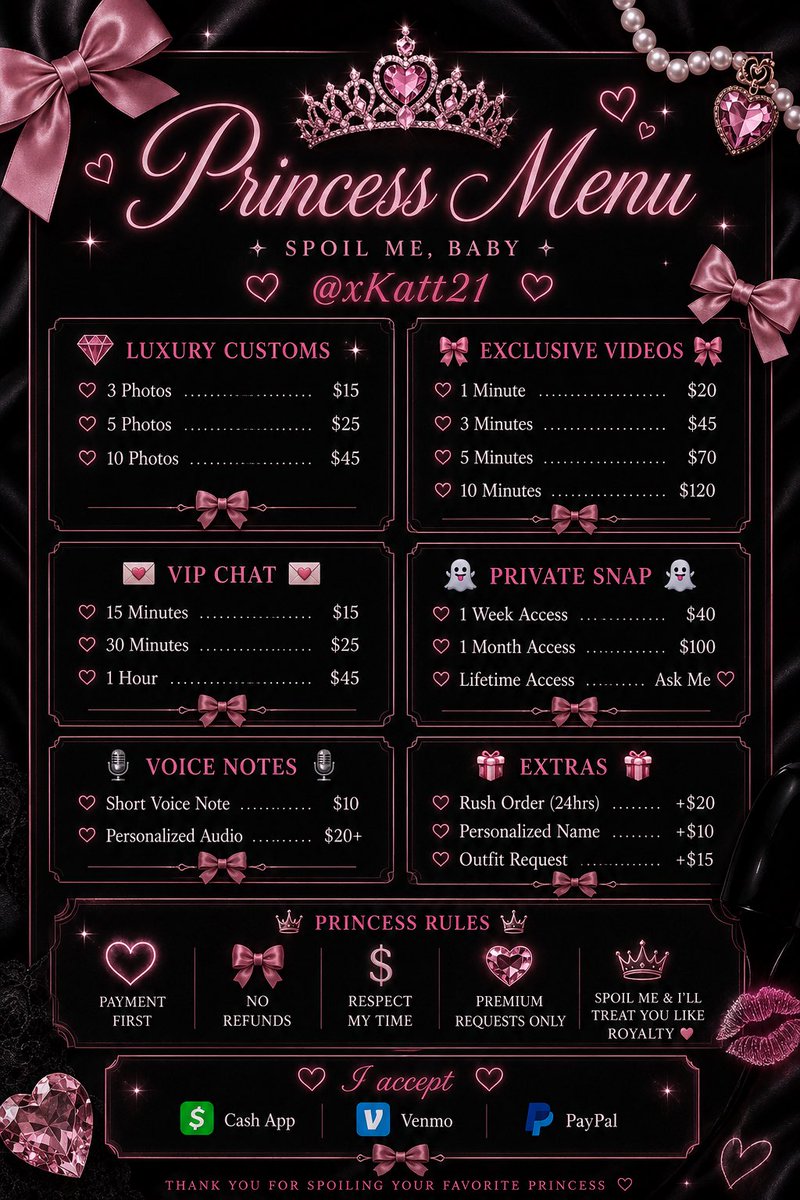 xKatt21's tweet photo. This is my new and improved and updated menu 🖤🩷 I’m looking for SERIOUS BUYERS ONLY! 

#nsfwtwt 
#AdultSnaps 
#CHUDAİ 
#onlyfans https://t.co/hUZp8fchej