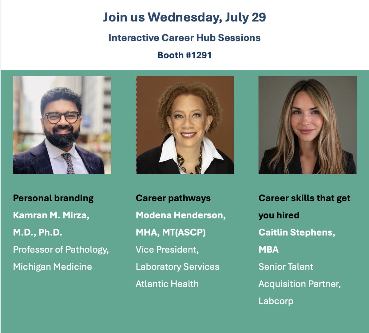 KMirza's tweet photo. Come join me at the Career Hub at Booth #1291 this Wednesday, July 29! #ADLM2026

I’ll be talking about personal branding, alongside Modena Henderson on navigating career pathways and Caitlin Stephens on building the skills that get you hired.

Whether you’re just starting out, thinking about your next move, or preparing for leadership, come by for practical advice, conversation, live Q&A, and maybe an espresso ☕️

📍 Booth #1291
📅 Wednesday, July 29
☕ Complimentary espresso from 9:30 AM–1:30 PM

Looking forward to connecting, sharing a few things I’ve learned along the way, and learning from all of you too.

#CareerDevelopment #PersonalBranding #Leadership #Pathology #LaboratoryMedicine #ProfessionalDevelopment