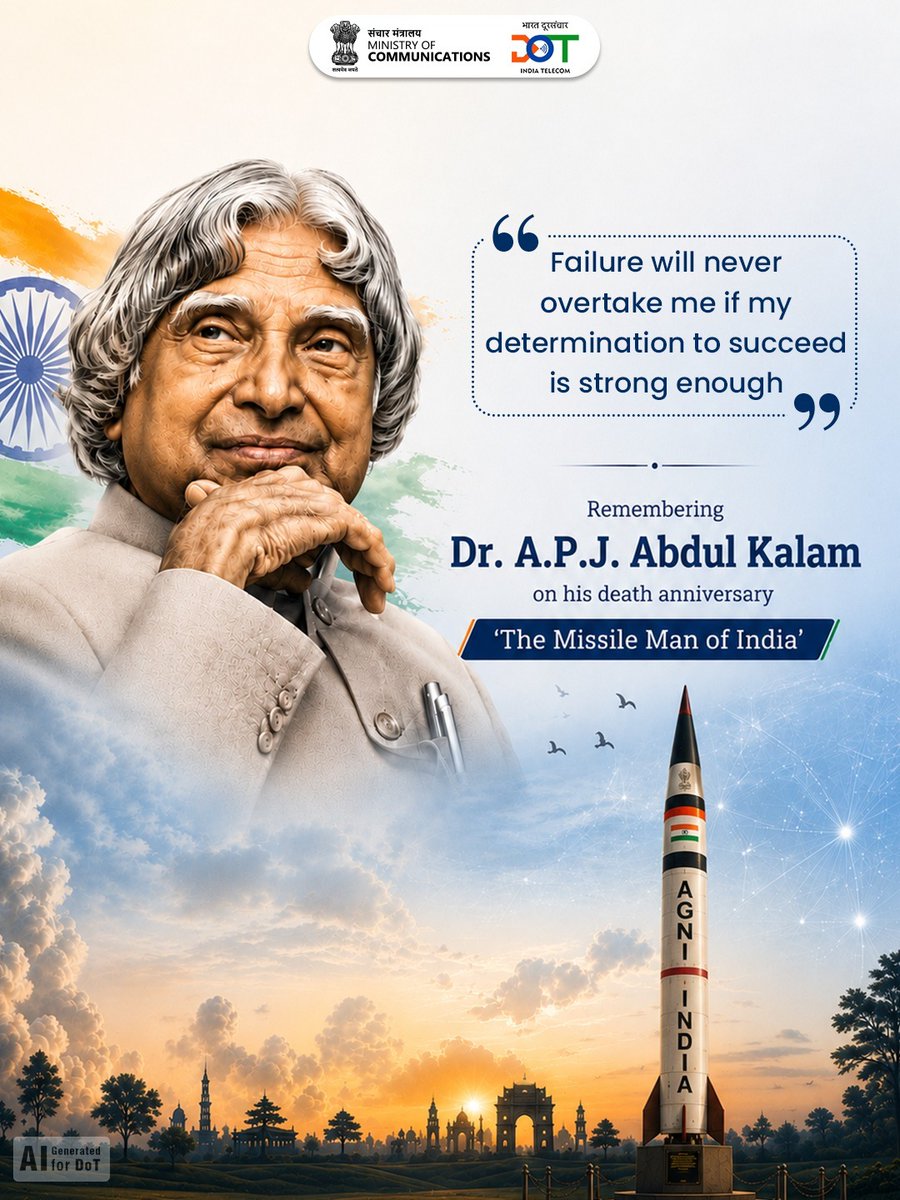 DoT_India's tweet photo. A visionary who taught India to dream beyond limits and work towards turning those dreams into reality.

Remembering Dr. A.P.J. Abdul Kalam, the Missile Man of India and a visionary who inspired generations to dream big and work towards building a stronger nation.

#APJAbdulKalam #MissileManOfIndia #RememberingKalam #DoT #Telecom 

@JM_Scindia @PemmasaniOnX @USOF_India @PIB_India @pib_comm  @DDNewslive