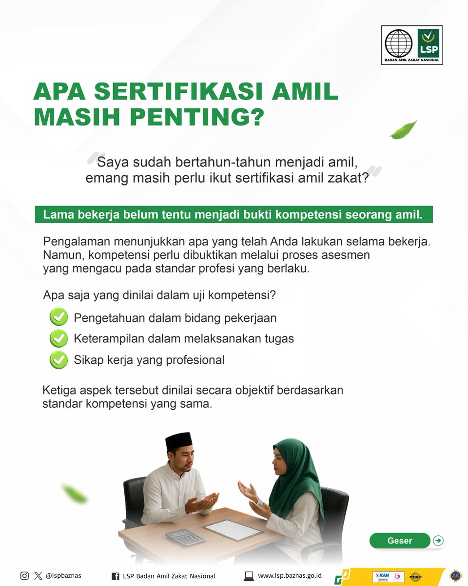 LspBaznas's tweet photo. 🌿 Pengalaman memang berharga. Namun, kompetensi perlu dibuktikan.

Banyak amil yang telah mengabdi bertahun-tahun dan memiliki pengalaman luar biasa. Namun, pengalaman kerja saja belum menjadi bukti bahwa kompetensi telah memenuhi standar profesi yang berlaku. https://t.co/G0Mh4y5OH3