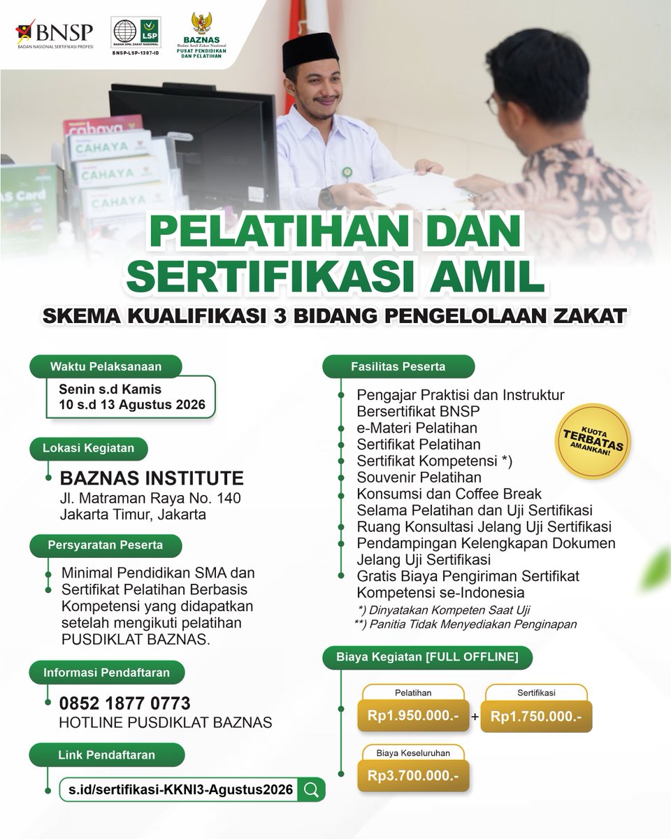 LspBaznas's tweet photo. Di sinilah sertifikasi kompetensi BNSP berperan, yaitu melalui proses asesmen yang objektif untuk memastikan pengetahuan, keterampilan, dan sikap kerja seorang amil sesuai dengan standar nasional. https://t.co/PEE5lG2Ssb
