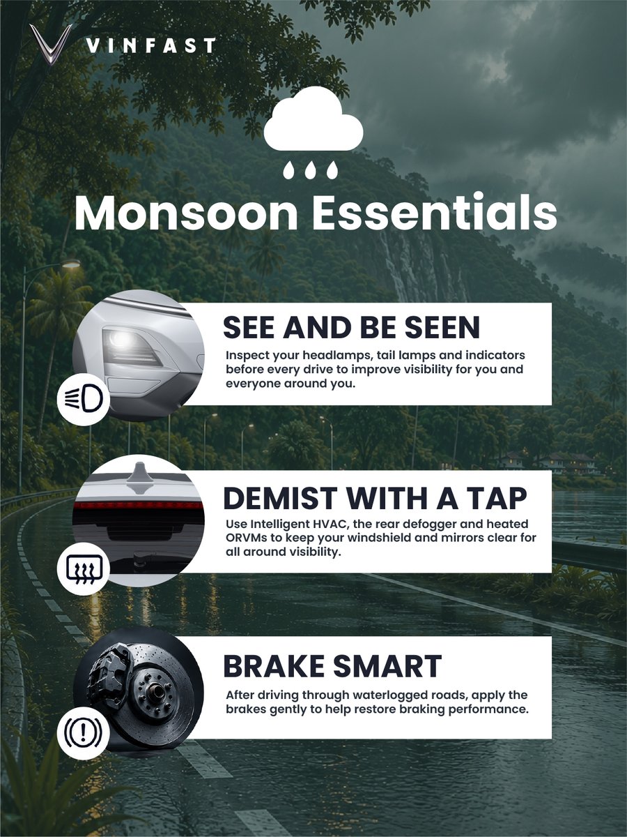 VinFastIN's tweet photo. The forecast may be unpredictable. Your drive doesn't have to be.
From clear visibility to confident braking, these simple monsoon essentials can help you stay prepared for every journey.
#VinFast #VinFastIndia #MonsoonReady #MonsoonCare #RainReady https://t.co/HfG6r3HzQR