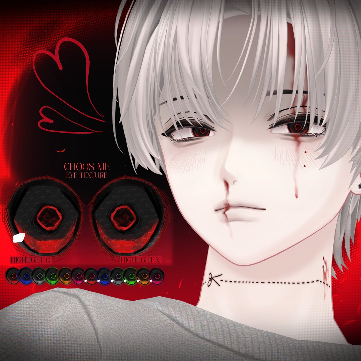 Gyeom_S2_S2's tweet photo. 🫀[狛乃/Komano] Choose me ~ Make up Texture + Eye Texture🫀

あなただけを愛するヴァンパイア、コマノメイクアップを発売しました🦇 カットタトゥーと血痕はon/offが可能です❤️‍🩹

🗓️ 【Sale】 2026 . 07 . 27 ~ 2026 . 08 . 01
Full Pack : 700JPY -> 500JPY

🎁 【Event】 08/02 抽選! 
抽選で[RT+Follow]をしてくださった3名様に該当アセットをプレゼントします

🔗: https://t.co/bTpRVnwmCt
🔗: https://t.co/bTpRVnwmCt