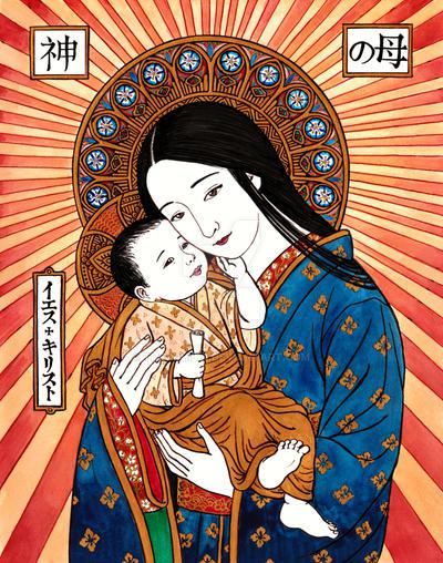 LipeSchramm's tweet photo. @HaruhiAisaka wow I think is very beautiful! I have see some artworks like this one and I think is very interesting! 
There is a lot of cultural looking in some countries like the Lady of Guadalupe or the African statue of Our Lady... 

is Mary with 留袖? https://t.co/Wc904lNZNr