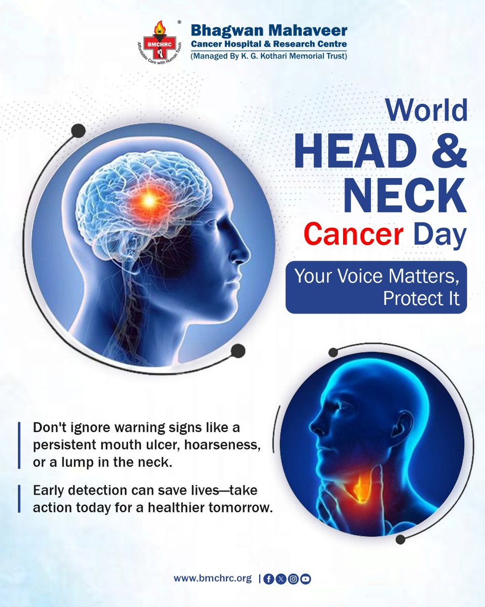 BhagwanCancer's tweet photo. @bmchrcjaipur On World Head &amp; Neck Cancer Day, get screened — spot symptoms early, reduce risk, and protect your future.

Book timely screening at Bhagwan Mahaveer Cancer Hospital (BMCH), Jaipur. For information call: 1800-121-1711.
#WorldHeadAndNeckCancerDay https://t.co/XIs25MhcNX