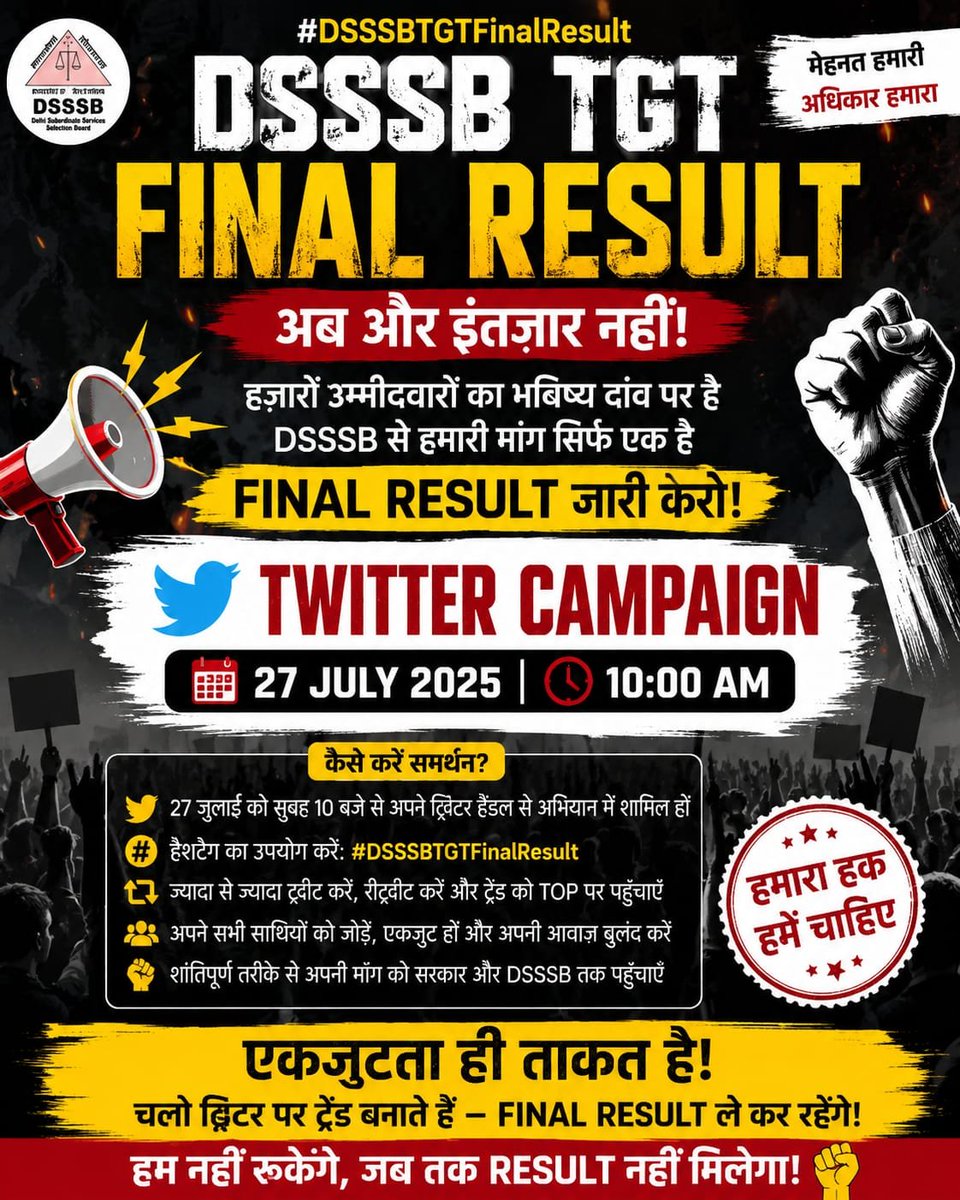 rahulbainada01's tweet photo. DSSSB TGT का फाइनल रिजल्ट जल्द से जल्द जारी किया जाए! 🙏📢
@DSSSB_Official @LtGovDelhi @DelhiEduDept
@CMODelhi
#Declare_DSSSB_TGT_Result #DSSSB_TGT_Result #DSSSB  #JusticeForCandidates https://t.co/ApbnsywEKj