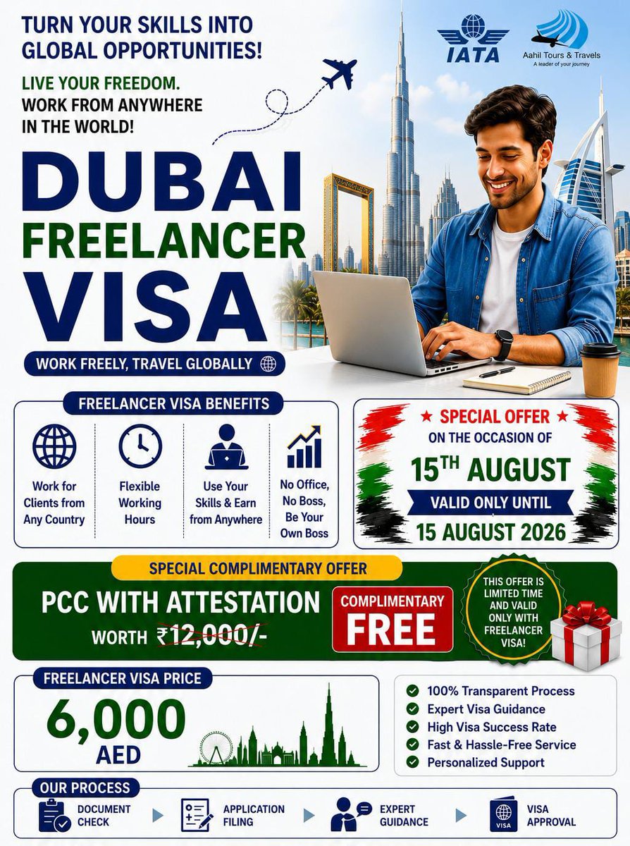 aahiltours's tweet photo. Work from anywhere with the Dubai Freelancer Visa Enjoy flexible work, global opportunities, and a FREE PCC with Attestation (worth ₹12,000) for a limited time. Start your freelance journey today.

📞 +91-8368803077 |+91-9580828826 care@aahiltours.com | lucknow@aahiltours.com https://t.co/gRRXVXAW1a