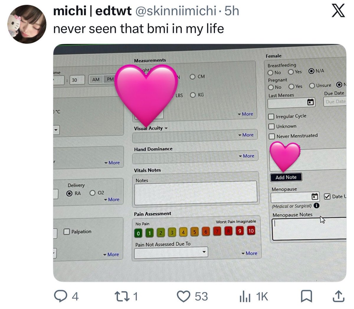 katerexia's tweet photo. as medical professionals, it’s our job to ensure our patients get treated in a judgement free zone at the HIGHEST STANDARD of care. posting a patients height, weight and bmi to twitter is absolutely fucked. how can you expect patients to trust us when you’re out here shaming them https://t.co/oeFZR2UkIE
