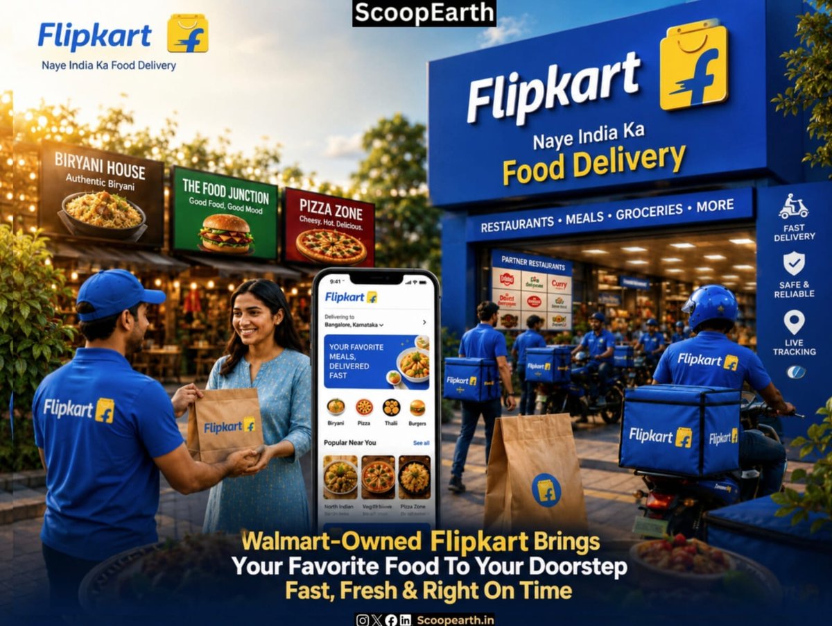 Scoopearth1's tweet photo. @Flipkart gears up to shake India’s food delivery market with fast doorstep service, challenging established players and expanding beyond e-commerce. 🚀🍔 #Flipkart #FoodDelivery #Ecommerce #StartupIndia #Retail #QuickCommerce #Innovation #scoopearth https://t.co/34wI3D7DXp