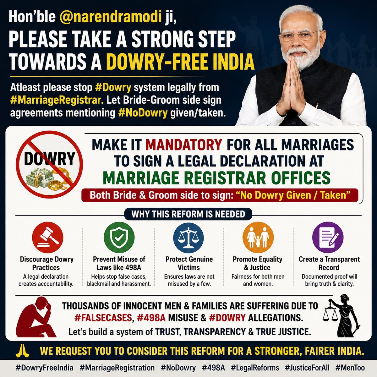 Racr2024's tweet photo. @MSJEGOI @PMOIndia @narendramodi @AmitShah @Drvirendrakum13 @RamdasAthawale @blvermaup @PIB_India @mygovindia @MIB_India @NISD_India @nskfdc All Pls Req to amend Matrimonial laws to reduce #fakecases,misuse of laws by wife women Lawyers who file #FalseCases,#FalseDV  #FalseDowry #FalseAllegations in #Divorce cases. protect genuine.Justice be on Facts,Evidence —Not Gender and selective.@MLJ_GoI https://t.co/CiIh5YLv9X https://t.co/dGSDPP62do