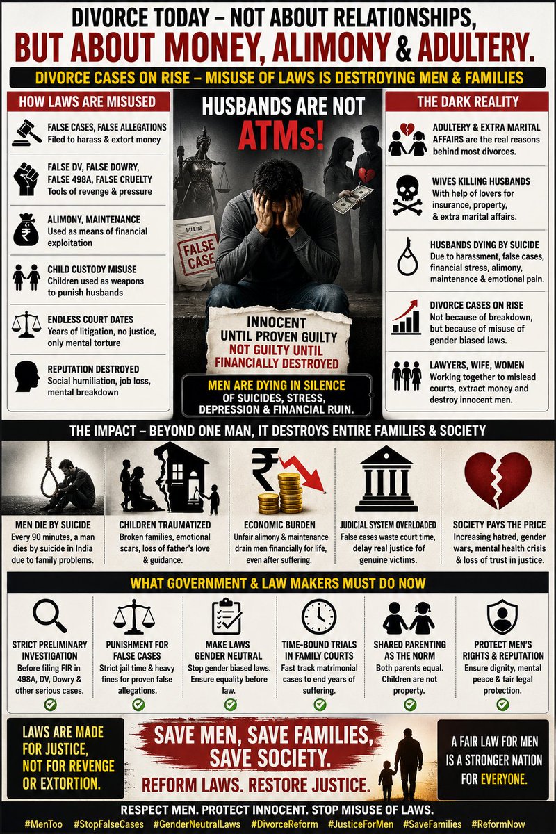 Racr2024's tweet photo. @MSJEGOI @PMOIndia @narendramodi @AmitShah @Drvirendrakum13 @RamdasAthawale @blvermaup @PIB_India @mygovindia @MIB_India @NISD_India @nskfdc All Pls Req to amend Matrimonial laws to reduce #fakecases,misuse of laws by wife women Lawyers who file #FalseCases,#FalseDV  #FalseDowry #FalseAllegations in #Divorce cases. protect genuine.Justice be on Facts,Evidence —Not Gender and selective.@MLJ_GoI https://t.co/CiIh5YLv9X https://t.co/dGSDPP62do