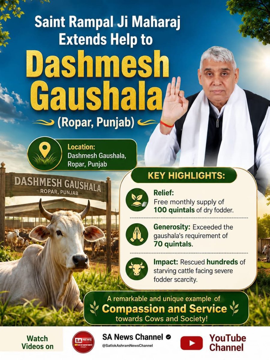 Mohan13520563's tweet photo. #गौ_सुरक्षा_अभियान
Sant Rampal Ji Maharaj
Extends Help to 
Dashmesh Gaushala (Ropar,Punjab)
Free monthly supply of
100 quintals of dry fodder.
Exceeded the gaushala's requirement of 70 quintals.
Rescued hundreds of starving cattel facing severe fodder scarcity.
#GodMorning‌Monday https://t.co/5IOK9Qgzhx