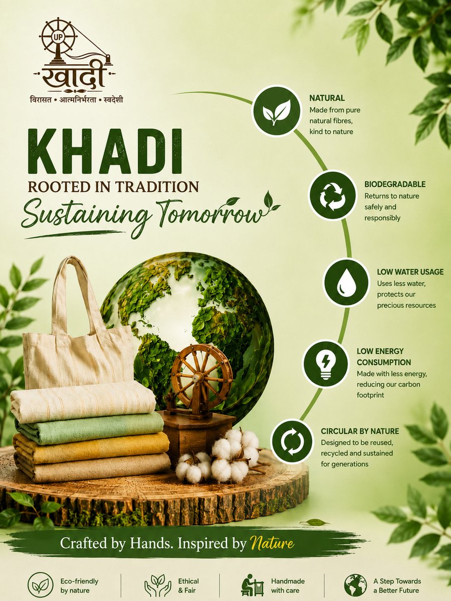 UPkhadilyfstyle's tweet photo. The future doesn't need fast fashion. It needs thoughtful fashion. 🌱
From nature to your wardrobe, Khadi is crafted with care, made to last, and gentle on the planet. Every Khadi fabric is a promise - to protect nature, skilled craftsmanship, and build a more sustainable future. https://t.co/TQN1lO52gs