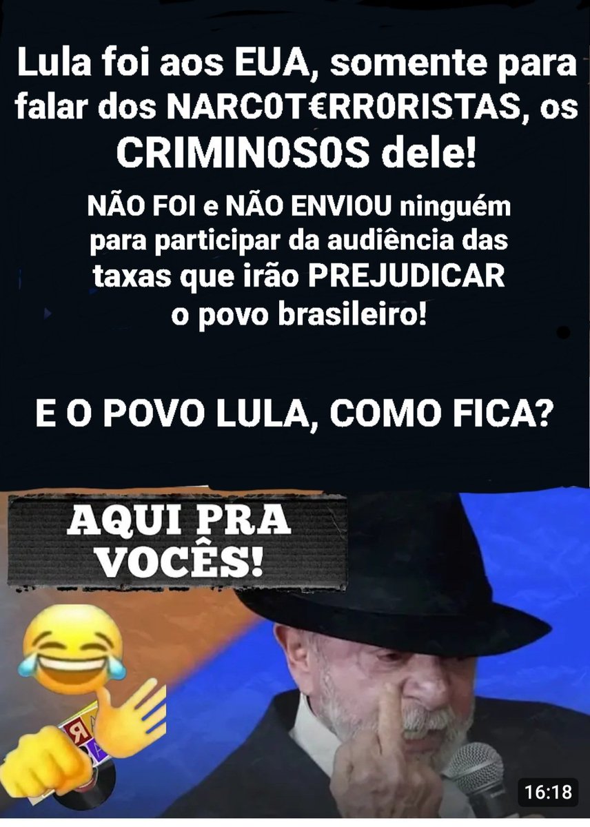 PRCostaSantos's tweet photo. @Haddad_Fernando Sério TAXXAD?
O L4DRÃ0 BÊBADO foi aos EUA para limpar a barra dos TR4FICANTES, sem se preocupar com as tarifas que JÁ ESTAVAM PREVISTAS há um ano, NAO ENVIOU NINGUÉM e vocês querem culpar o @FlavioBolsonaro, que NÃO É o Presidente?
Logo você que DESTRUIU a economia!
🖕🏻🤣🖕🏻🖕🏻😂🖕🏻 https://t.co/53rpvY7L48