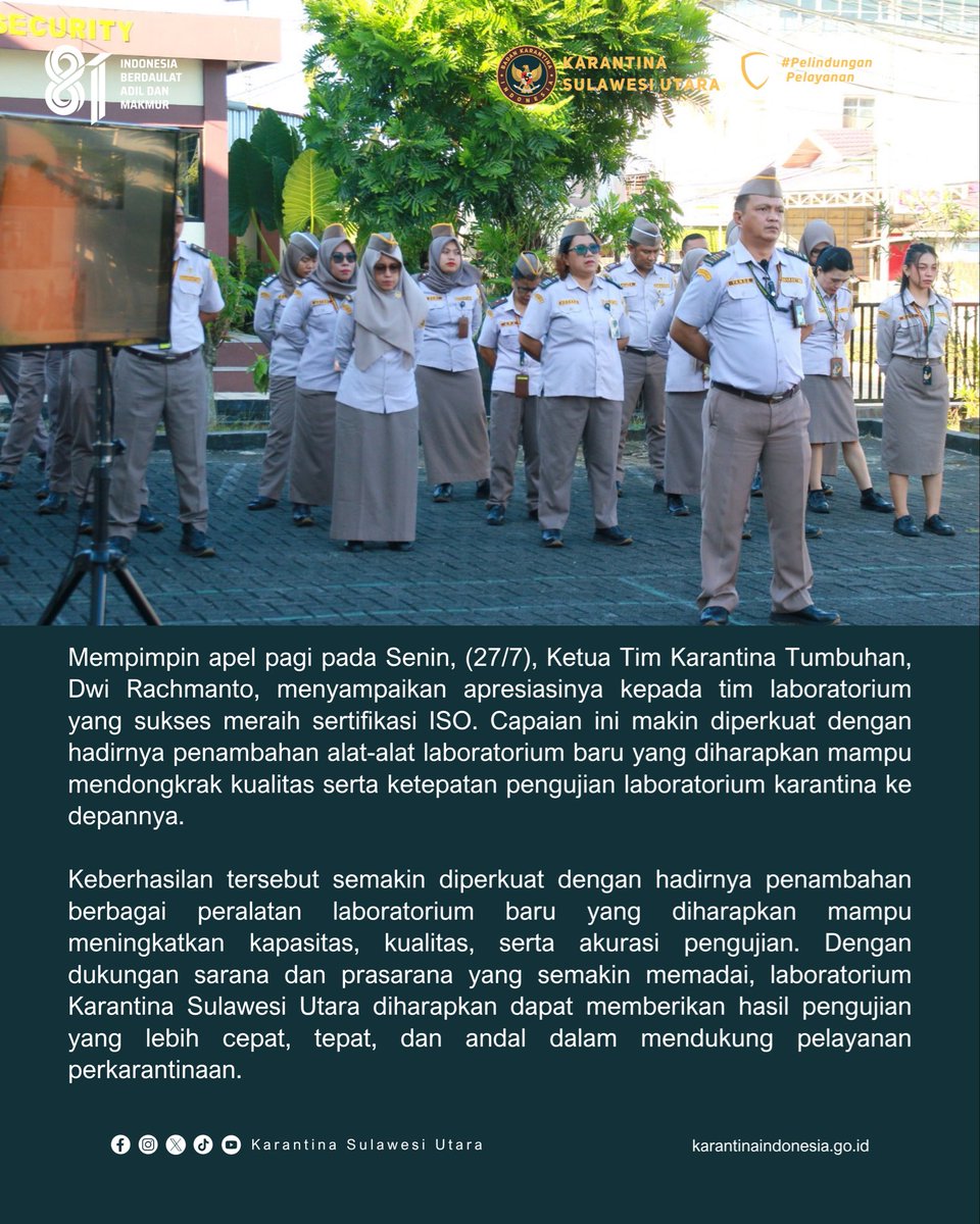 karantinasulut's tweet photo. Lab #KarantinaSulawesiUtara Raih ISO dan Alat Baru, Ketua Tim Karantina Tumbuhan Apresiasi Saat Apel Pagi

#KarantinaIndonesia @BarantinRI https://t.co/A4IXSrwKxz