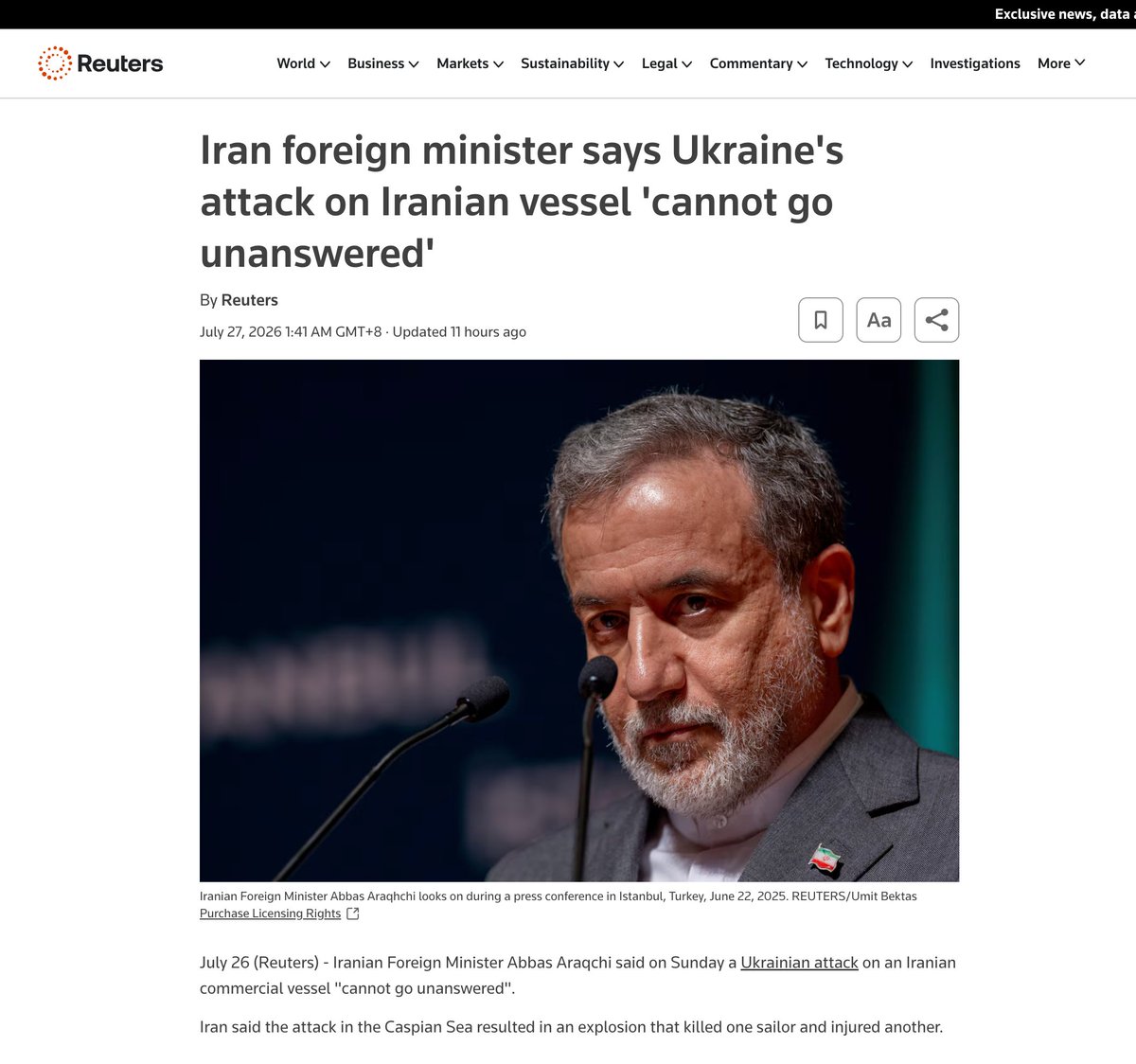 OopsGuess's tweet photo. Ukraine asks the world to condemn Russia for invading a sovereign country—then helps the United States wage war against Iran.

So apparently, aggression is not defined by crossing borders, bombing cities, or killing civilians.
It is defined by who does it.

When Russia attacks Ukraine, it is invasion.
When America attacks Iran and Ukraine offers military assistance, it becomes “strategic cooperation.”

A victim of aggression does not gain a moral license to become an accessory to someone else’s aggression.

You cannot demand international law for yourself while helping an empire violate it against others.