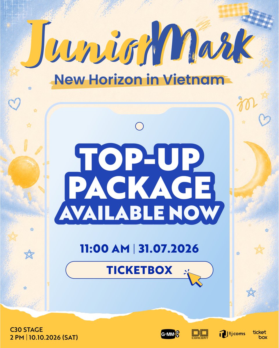 doconcert's tweet photo. 🎫 𝗧𝗢𝗣-𝗨𝗣 𝗣𝗔𝗖𝗞𝗔𝗚𝗘 𝗢𝗡 𝗦𝗔𝗟𝗘 𝗡𝗢𝗪
#JuniorMarkFMinVietnam

Cơ hội chụp hình 2:1 cùng Junior & Mark đang chờ bạn! Starmie iu ơi~ Nhanh tay để không bỏ lỡ trải nghiệm thật đặc biệt này nhé! ✨

👉 Đặt mua TOP-UP PACKAGE ngay tại: https://t.co/mZCbf15cN8

𝗝𝘂𝗻𝗶𝗼𝗿 𝗠𝗮𝗿𝗸: 𝗡𝗲𝘄 𝗛𝗼𝗿𝗶𝘇𝗼𝗻 𝗶𝗻 𝗩𝗶𝗲𝘁𝗻𝗮𝗺
🗓 Thời gian: 14:00, ngày 10/10/2026 (Thứ Bảy)
📍 Địa điểm: Sân khấu C30
🎟️  Kênh bán vé: Ticketbox

--

🎫 𝗧𝗢𝗣-𝗨𝗣 𝗣𝗔𝗖𝗞𝗔𝗚𝗘 𝗢𝗡 𝗦𝗔𝗟𝗘 𝗡𝗢𝗪

Your chance to take a Photo 2:1 with Junior & Mark is here! Starmie~ Be quick and don’t miss this special experience ✨

👉 Purchase your TOP-UP PACKAGE here: https://t.co/mZCbf15cN8

𝗝𝘂𝗻𝗶𝗼𝗿 𝗠𝗮𝗿𝗸: 𝗡𝗲𝘄 𝗛𝗼𝗿𝗶𝘇𝗼𝗻 𝗶𝗻 𝗩𝗶𝗲𝘁𝗻𝗮𝗺
🗓 Date: 10 October 2026 (SAT) at 2.00pm
📍 Venue: C30 Stage
🎟 Ticketing Platform: Ticketbox

#JuniorMarkFMinVietnam
#JuniorMark #junniorrs #markjrtn
#GMMTV #TJCommunications #doconcert