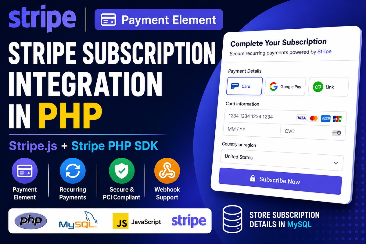 codexworldweb's tweet photo. 🚀 Build recurring subscription payments in PHP with Stripe Payment Element, Stripe.js, and the Stripe PHP SDK.

📖 Tutorial:
https://t.co/YihDNJdG6f

#PHP #Stripe #StripeSubscription #StripeJS #WebDevelopment https://t.co/JCmpbjD2Mv
