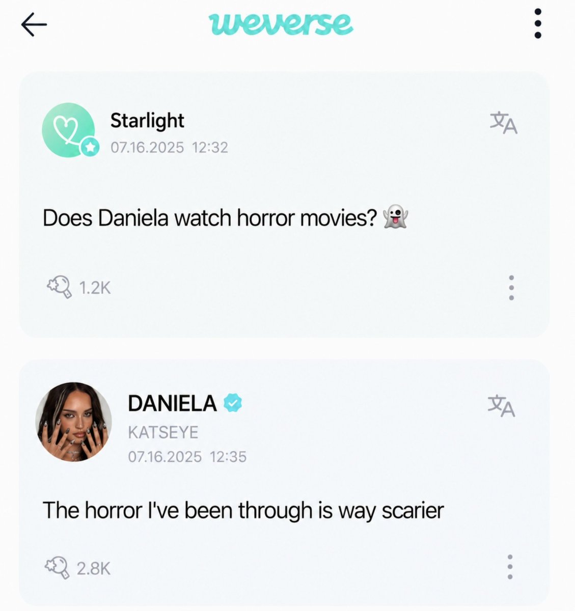 cafeicebear's tweet photo. KATSEYE'S DANIELA was asked if she watches Horror Movies:

"The Horror i've been through is way scarier" https://t.co/qFntDJMCOU