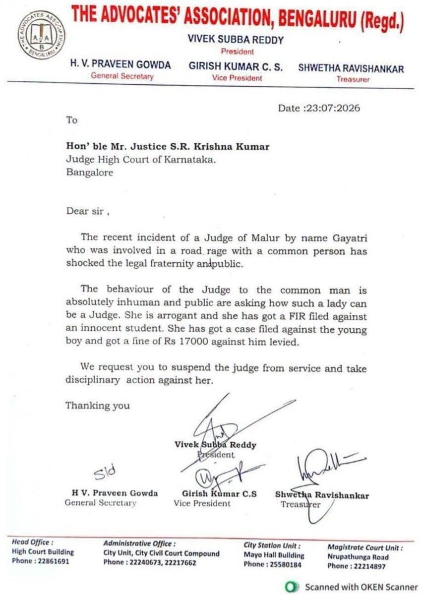 Thecharioteer2's tweet photo. The alleged road rage incident involving a Malur judge has raised serious concerns. 

Reports claim an FIR was filed against a student, who was also fined ₹17,000. 

If true, an independent inquiry and strict action are necessary. 

No one should be above accountability. https://t.co/svcbgw4zxf