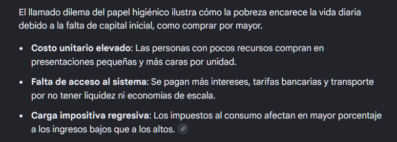 AndreaPinkbee's tweet photo. El dilema del papel Toilet:

Por más que parezca irracional, ser pobre es más costoso que ser rico y no, no es porque los pobres no sepan ahorrar o controlar los gastos.

Es que los pobres tienen más difícil el acceso a los beneficios del sistema y menor capital inicial, por ende tienen que gastar más para sobrevivir y salir adelante.

Y tú pidiendo que le reduzcan los impuestos a los ricos.

Y se llama dilema del papel toilet porque según el estudio los pobres gastan más papel de baño.