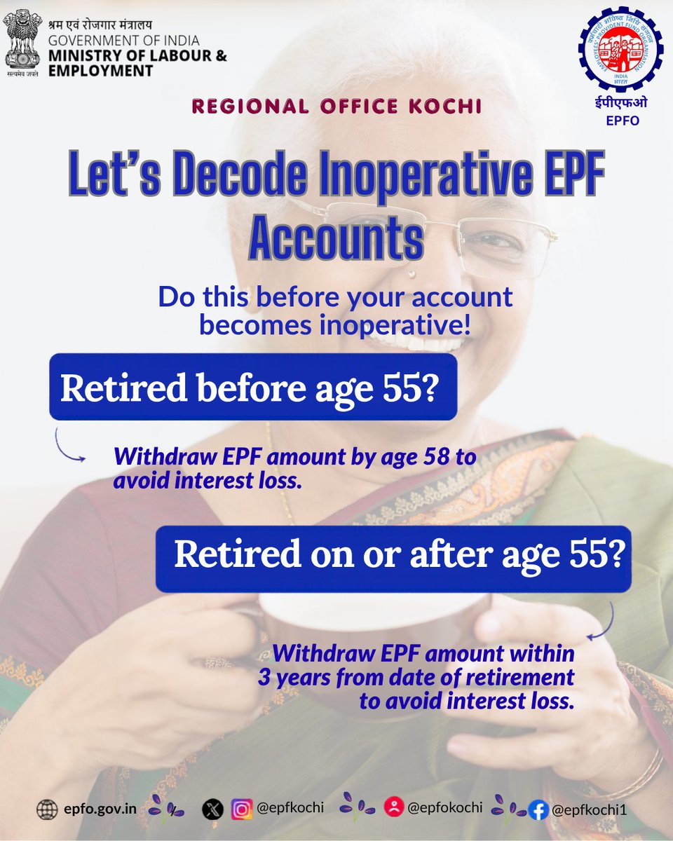 epfkochi's tweet photo. Let’s Decode Inoperative EPF Accounts  If a member passes away while in service, the EPF account becomes inoperative after 3 years from the date of death. Family members/legal heirs should file claim in time to avoid loss of interest #EPFO #EPFOWithYou #HumHainNa #Inoperative https://t.co/c2rEXKt4Jl