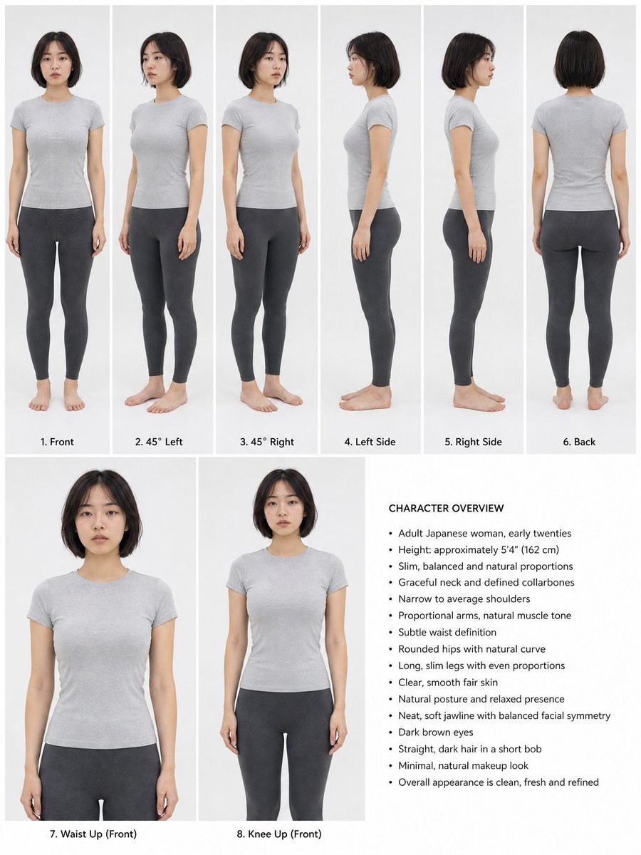 ipanda2046's tweet photo. 升级了原来的提示词，带了说明：         
GPT IMAGE2 BODY MASTER  Prompt:

Use the uploaded photograph only as the primary identity reference for the adult woman’s facial appearance.

Create an official professional FACE MASTER reference sheet for a completely consistent original adult character.

IDENTITY PRIORITY:
Preserve the same recognizable identity across every view. Maintain the same facial structure, face width, cheek volume, jawline, chin shape, eye shape, eye spacing, eyelids, eyebrows, nose bridge, nose tip, nostril shape, lips, mouth width, skin tone, and perceived age. Do not simply copy the pose, clothing, background, camera distortion, or facial angle from the uploaded photograph. Reconstruct the character in a neutral reference-sheet environment.

CHARACTER:
An adult Japanese woman in her early twenties. Soft oval face with a gently tapered chin. Large dark brown almond-shaped eyes with natural double eyelids. Softly defined straight eyebrows. A small refined nose with a natural rounded tip. Medium-full lips with a subtle natural pink tone. Fair, warm-neutral Japanese skin tone. Natural facial proportions. Refined, approachable and realistic appearance. Do not make her resemble any celebrity, public figure, influencer, actress, idol, or other known person.

HAIR:
Keep the same dark brown hair color and soft fringe impression visible in the uploaded photograph. For reference clarity, show the hair down in a simple, natural style. Medium-long dark brown hair, subtle warm undertone, light natural shine. Soft airy bangs divided gently around the eyes. No decorative hair accessories.

MAKEUP:
Natural Japanese beauty makeup. Soft brown eyeliner, delicate lashes, subtle warm blush, natural pink-beige lips. The makeup must remain identical in every panel.

REFERENCE VIEWS:
1. Straight front facial portrait
2. 45-degree view facing left
3. 45-degree view facing right
4. Exact left-side profile
5. Exact right-side profile
6. Neutral expression, front view
7. Gentle closed-lip smile, front view
8. Calm confident expression, front view
9. Close-up detail of both eyes and eyebrows
10. Close-up detail of the nose and lips
11. Hairline, bangs and hair texture detail
12. Small color palette showing skin, eyes, eyebrows, hair and lips

CONSISTENCY RULES:
Every panel must depict the exact same person. Do not redesign, beautify, idealize, age, de-age, or change ethnicity between views. Do not vary the eye size, nose shape, lip volume, face length, jawline, hairstyle, hair color, makeup, or skin tone. Left-facing and right-facing views must be anatomically correct and must not be duplicated or mirrored incorrectly.

CAMERA AND LIGHTING:
Equivalent to an 85mm portrait lens. Eye-level camera. Minimal perspective distortion. Uniform soft frontal studio lighting. Neutral color temperature. Very faint and even shadows. No dramatic lighting. No shallow focus that obscures facial details.

RENDERING: High-resolution realistic photography. Natural skin texture with faint pores and fine facial hair visible. No plastic skin. No excessive skin smoothing. No anime, illustration, CGI, doll-like rendering or beauty-filter appearance.

LAYOUT: Clean professional character reference sheet. White or very light neutral gray background. Clear spacing between panels. Simple small English labels beneath each view. No decorative graphics. No unrelated text. Portrait-oriented 3:4 composition.

#AIPrompt #PromptEngineering #AIart  #PromptShare #AIPrompt #ConsistentCharacter