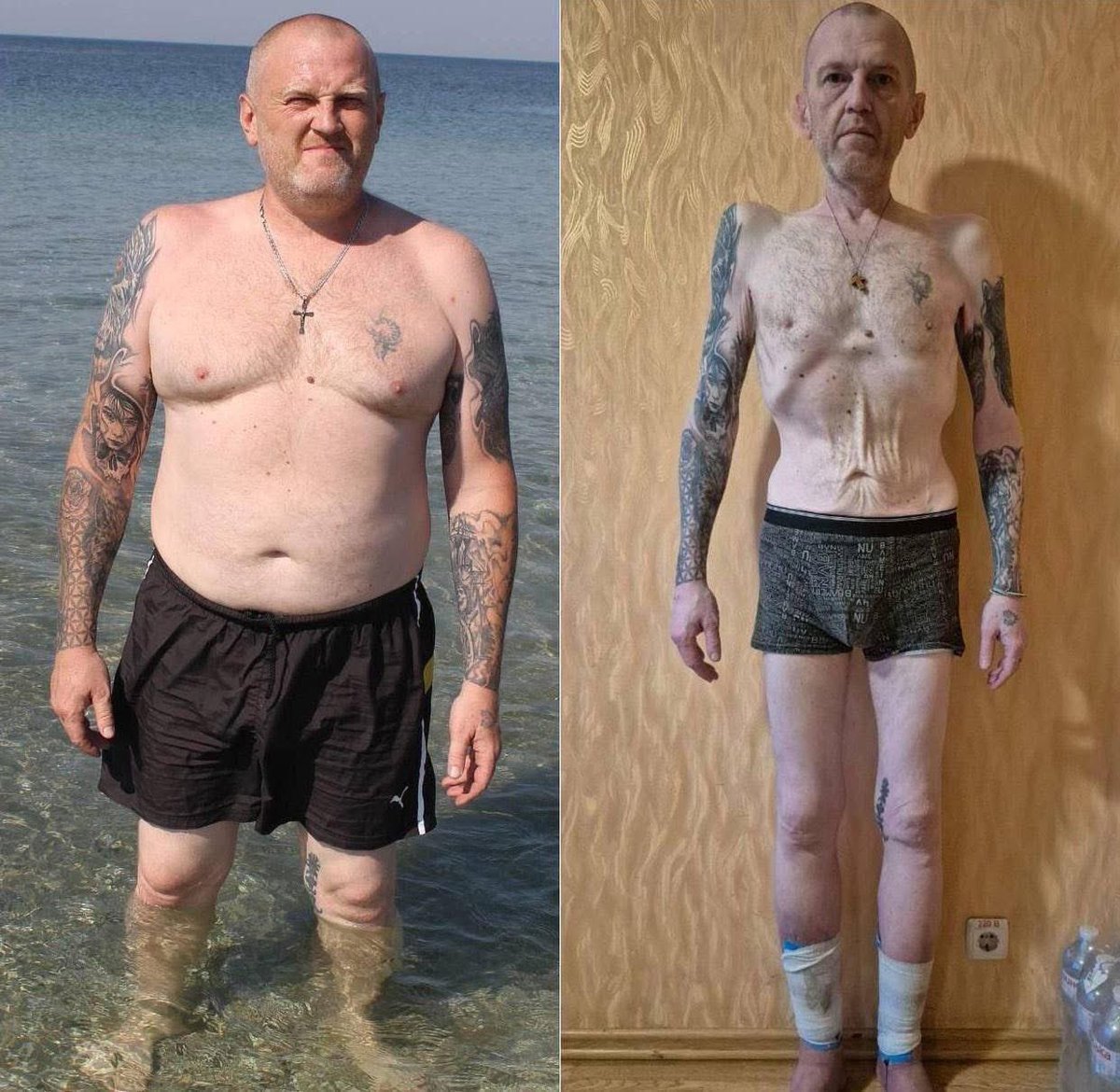 rshereme's tweet photo. Oleksandr Kiriyenko, a Ukrainian defender, before and after russian captivity. I’ve seen similar images from Auschwitz – this is how the Nazis treated their prisoners. https://t.co/uyiWhNLcqd