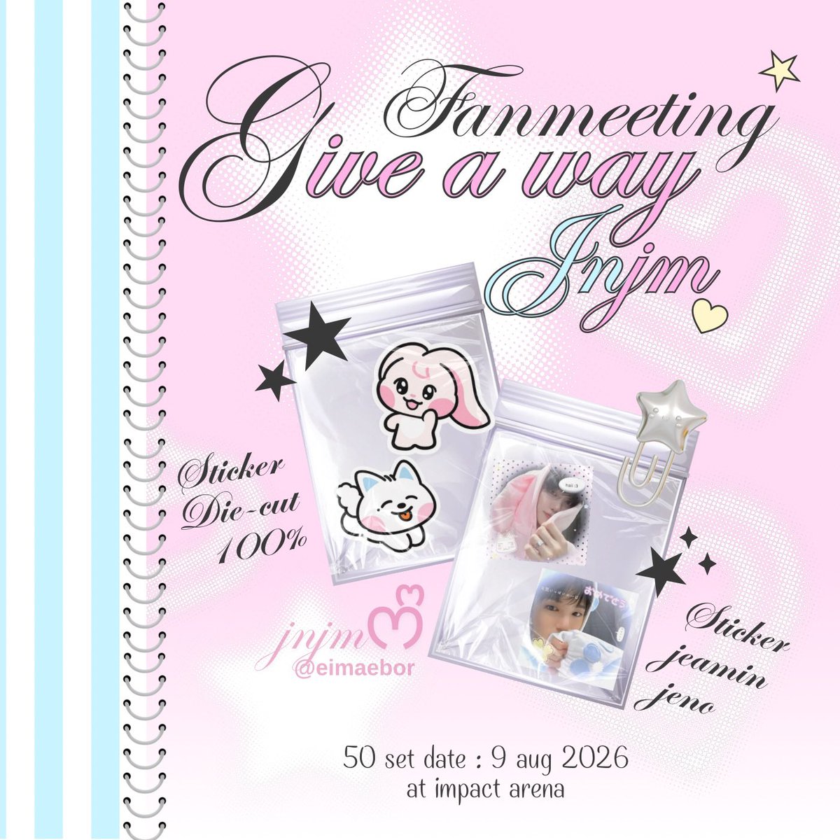 eimaebor's tweet photo. ִֶָ🪽་༘𖥻 ׁ ׅpls kindly rt ! ׁ ׅ 👼🏻

𑣲Giveaway sticker jnjm ♡ྀི ₊

> only 50 set ִֶ ᯓᡣ𐭩 <

date : 9 aug 2026 | time : tba 
location : IMPACT Arena

#NCTJNJM_FANMEETING_TOUR
#NCTJNJM_FANMEETING_TOUR_DUALITY https://t.co/juC68IhecX