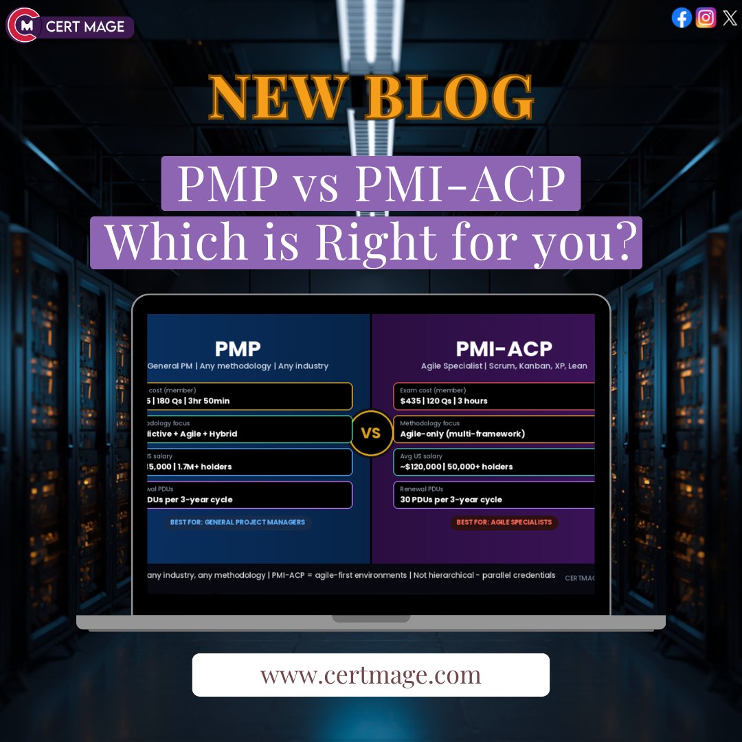 Cert_Mage's tweet photo. 🚀 PMP or PMI-ACP: Which certification fits your career goals?

Compare their focus, skills, and ideal roles before choosing your project management path.

📘 Full Blog: https://t.co/VDjicThJum
🎥 Video: https://t.co/6Fo12GuvVa

#PMP #PMIACP #ProjectManagement #CertMage #Exam https://t.co/aPiFkr5HaD