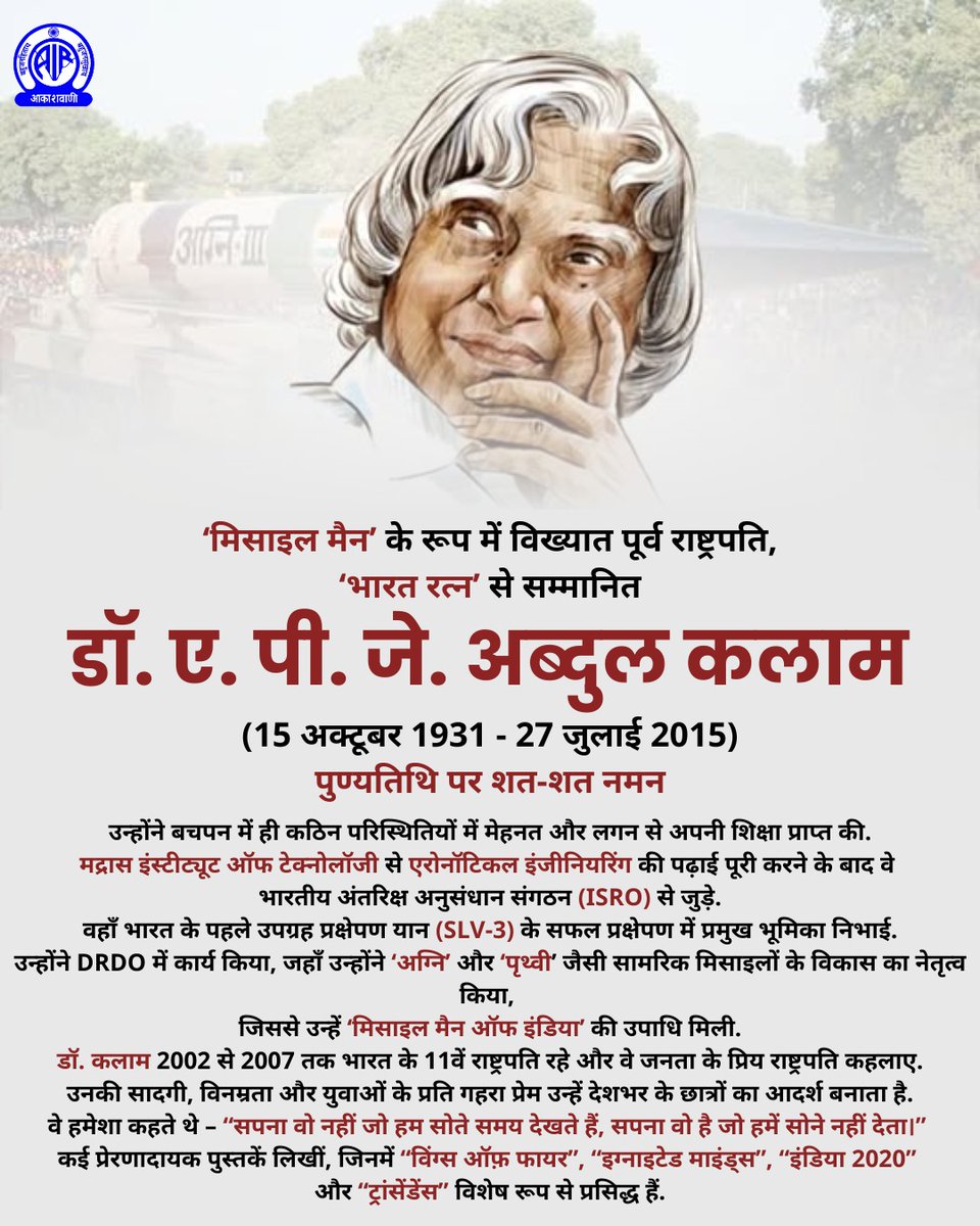 AkashvaniAIR's tweet photo. 'मिसाइल मैन' के रूप में विख्यात पूर्व राष्ट्रपति, 'भारत रत्न' से सम्मानित  डॉ. ए. पी. जे. अब्दुल कलाम जी पूरे देश और युवाओं के लिए प्रेरणास्रोत हैं. उन्होंने अन्तरिक्ष और रक्षा अनुसंधान के क्षेत्र में एक नई दिशा दी और देश को ऊँचाईयों तक पहुँचाया.    

पुण्यतिथि पर शत-शत नमन 🙏

#APJAbdulKalam

@MIB_India @airnewsalerts