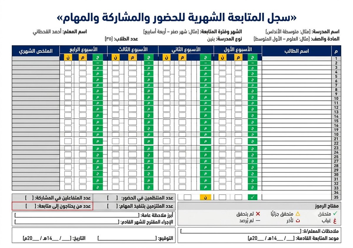 ali_alqhtani05's tweet photo. اسم المدرسة: [مثال: متوسطة الأندلس]
نوع المدرسة: [بنين أو بنات]
المادة والصف: [مثال: العلوم – الأول المتوسط]
الشهر وفترة المتابعة: [مثال: شهر صفر – أربعة أسابيع]
عدد الطلاب/الطالبات: [٣٥]
أسماء الطلاب/الطالبات: [ألصق ٣٥ اسمًا أو اكتب: صفوف فارغة]
اسم المعلم/ة: [مثال: أحمد القحطاني / نورة السبيعي]

أنشئ نموذجًا عربيًا احترافيًا بعنوان:

«سجل المتابعة الشهرية للحضور والمشاركة والمهام»

اعتمد على البيانات المدخلة فقط، ولا تخترع أسماء أو نتائج أو ملاحظات. وإذا لم تُدخل نتائج فعلية، اترك الخانات فارغة للتعبئة اليدوية.

يتضمن التصميم:

١. البيانات الأساسية

اسم المدرسة، المادة والصف، الشهر، عدد الطلاب/الطالبات، واسم المعلم/ة.

٢. جدول المتابعة الشهرية

أنشئ جدولًا يستوعب ٣٥ اسمًا في صفحة واحدة بالأعمدة التالية من اليمين إلى اليسار:

م – اسم الطالب/ة – الأسبوع الأول – الأسبوع الثاني – الأسبوع الثالث – الأسبوع الرابع – الملخص الشهري

داخل كل أسبوع ضع ثلاثة مؤشرات صغيرة فقط:

ح = الحضور
م = المشاركة
ن = تنفيذ النشاط أو المهمة

واجعل كل مؤشر خانة صغيرة قابلة للتحديد، دون كتابة ملاحظات طويلة داخل الجدول.

٣. مفتاح الرموز

استخدم الرموز التالية:

✓ متحقق
△ متحقق جزئيًا
✕ لم يتحقق
غ غياب
ت تأخر
— لم يُرصد

٤. الملخص الشهري

أضف أسفل الصفحة خانات مختصرة تشمل:

عدد المنتظمين في الحضور.

عدد المتفاعلين في المشاركة.

عدد الملتزمين بتنفيذ المهام.

عدد من يحتاجون إلى متابعة.

أبرز ملاحظة عامة.

الإجراء المقترح للشهر القادم.

لا تحسب أي عدد إلا من البيانات الفعلية.

٥. الاعتماد

أضف:

ملاحظات المعلم/ة.

موعد المتابعة القادمة.

التوقيع.

التاريخ.

مهم جدًا: أخرج النتيجة في صورة واحدة فقط بمقاس A4 أفقي، ولا تنشئ صفحات أو صورًا إضافية.

اجعل الصفوف ضيقة ومنظمة لتظهر الأسماء الخمسة والثلاثون كاملة، واستخدم خطًا عربيًا واضحًا بحجم مناسب للطباعة.

استخدم تصميمًا بسيطًا جدًا بخلفية بيضاء، وألوان كحلي وأخضر ورمادي، مع الأصفر للتنبيه والأحمر للحالات التي تحتاج متابعة فقط.

طبّق اتجاهًا عربيًا حقيقيًا من اليمين إلى اليسار، ولا تضع فقرات طويلة داخل الجدول، ولا تكرر البيانات، ولا تجعل التصميم مزدحمًا.

التزم بنوع المدرسة المحدد: بنين بأسماء وصياغات مذكرة فقط، أو بنات بأسماء وصياغات مؤنثة فقط، دون خلط.