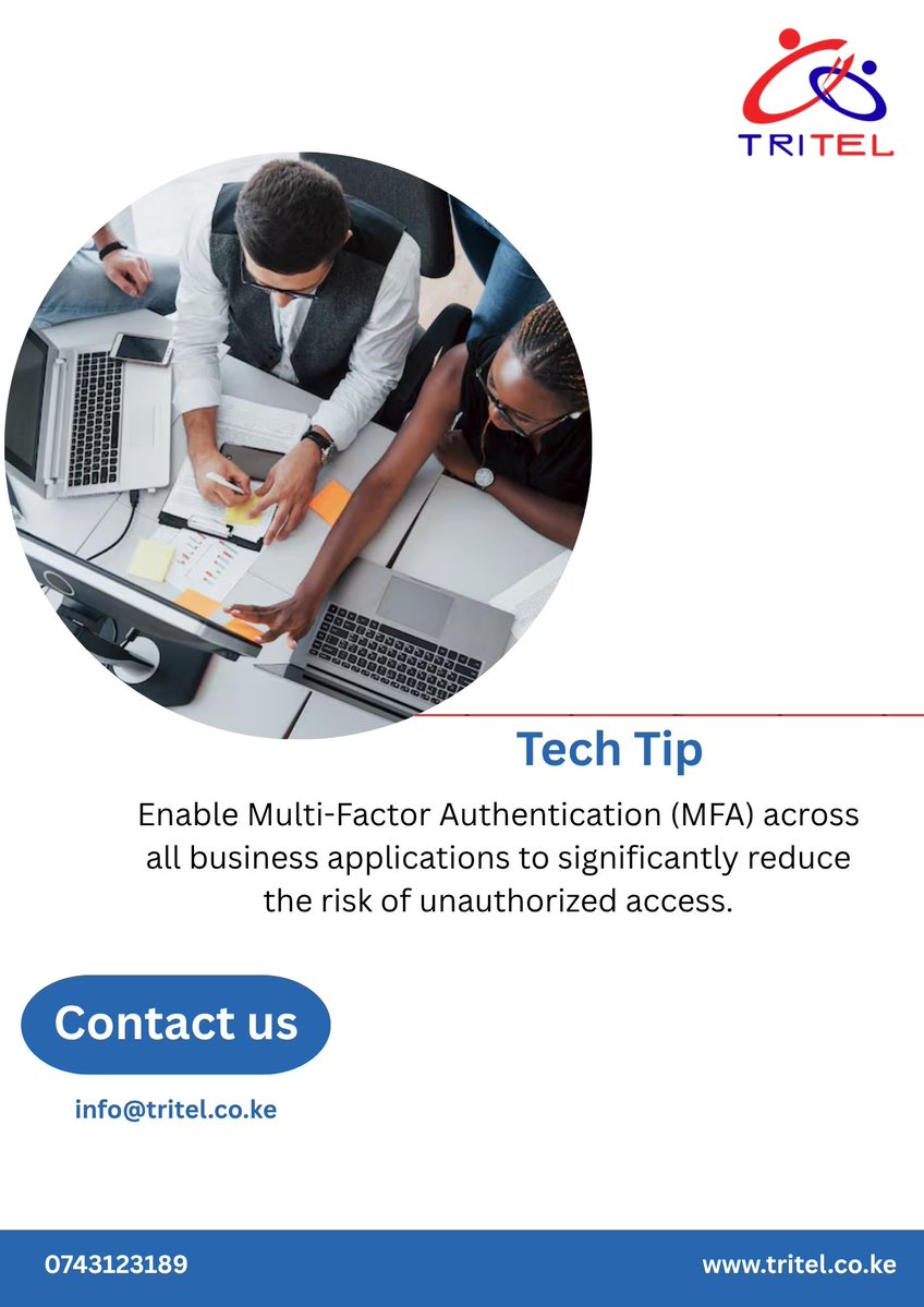 TritelTechLtd's tweet photo. Enable Multi-Factor Authentication (MFA).

A simple step that adds a powerful layer of protection against cyber threats.

#CyberSecurity #MFA #TRITELTechnologies https://t.co/gEgBSqhUuK