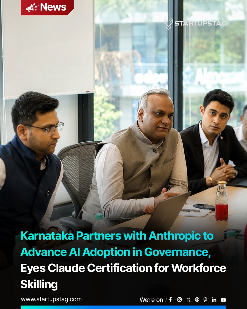 startup_stag's tweet photo. Karnataka partners with Anthropic to integrate AI into governance. Home Minister Priyank Kharge announces two working groups to identify AI use cases across administration &amp; education. Also exploring Claude Certification programs for students &amp; professionals.

@startup_stag https://t.co/PTpGqyrTet